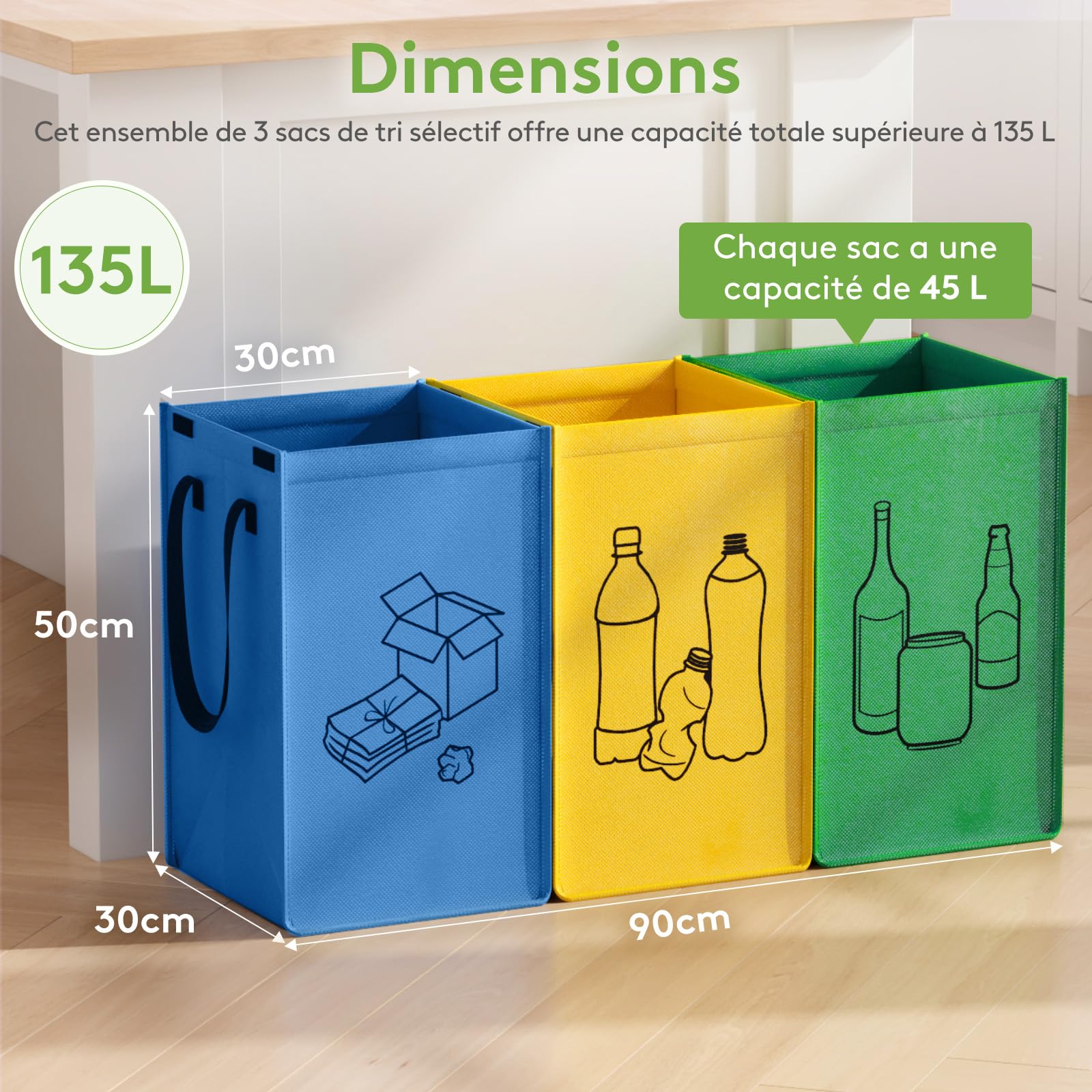 Lifewit Lot de 3 Sacs Tri Sélectif, Poubelles Recyclage 3 Couleurs, 45 L