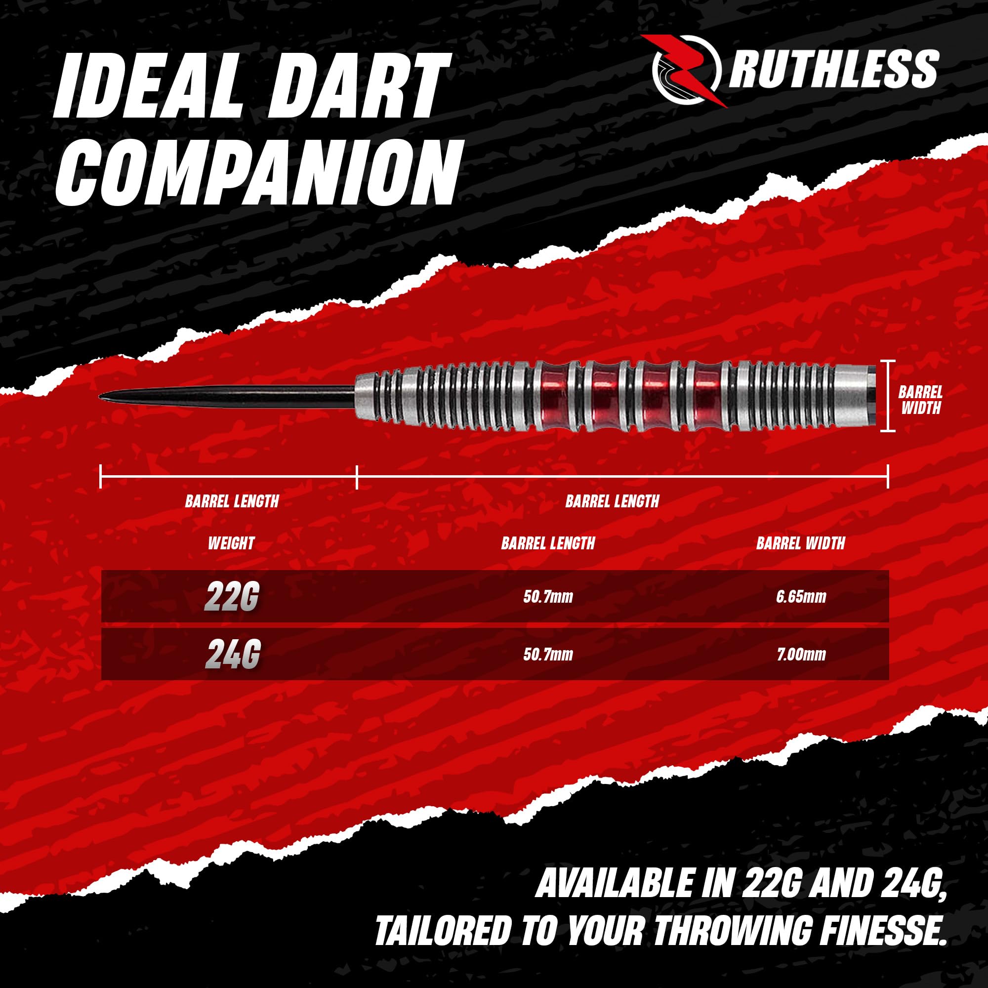 RUTHLESS Red Falcon Jeu de fléchettes professionnelles en tungstène avec ailettes et tiges 22 g et 24 g