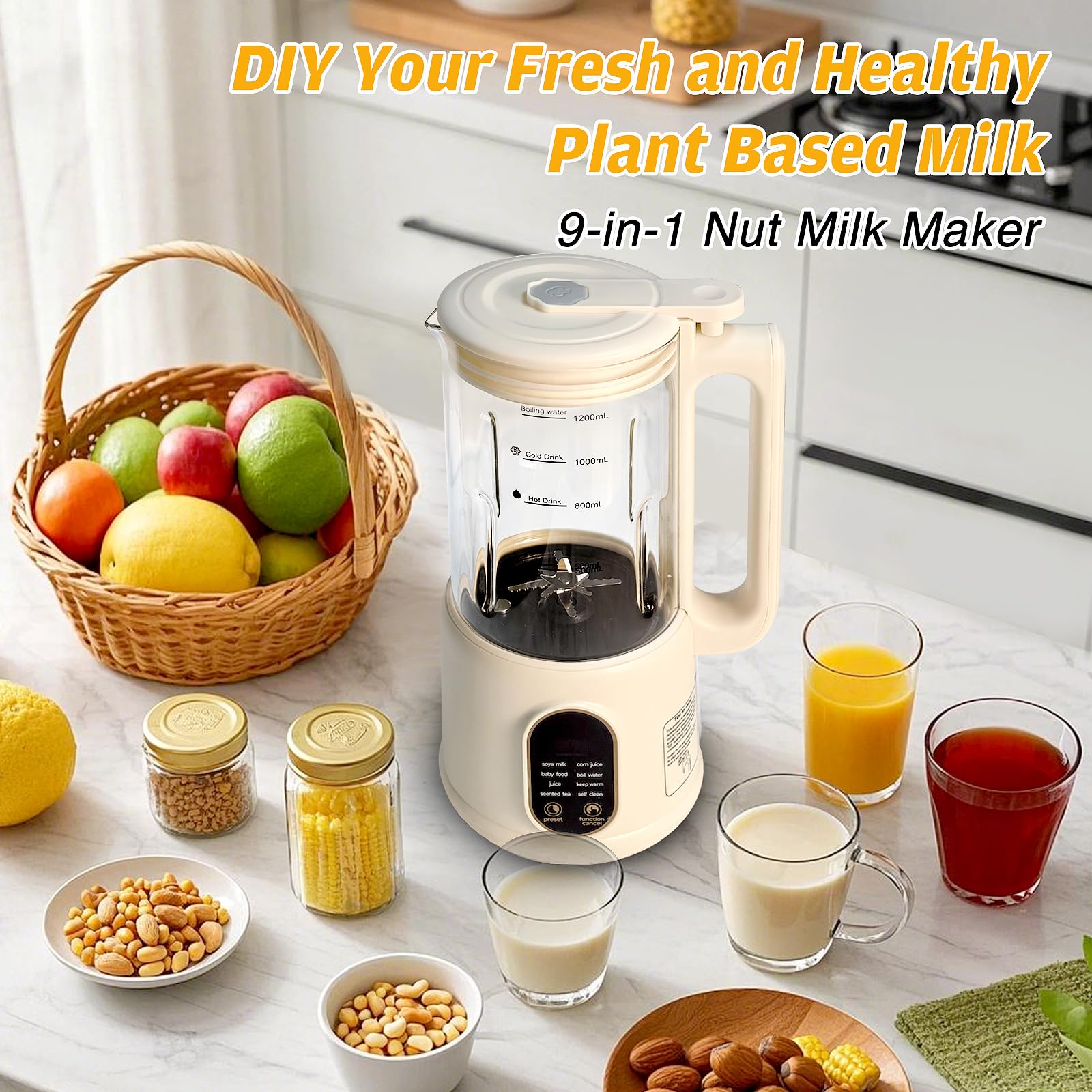 9 in 1 Nut Milk Maker Machine?40oz(1200ml) Automatic Soy Milk Maker Blender for Homemade Oat,Coconut,Plant-Based Milk and Non-Dairy Beverages with Delay Start/Keep Warm/Boil Water