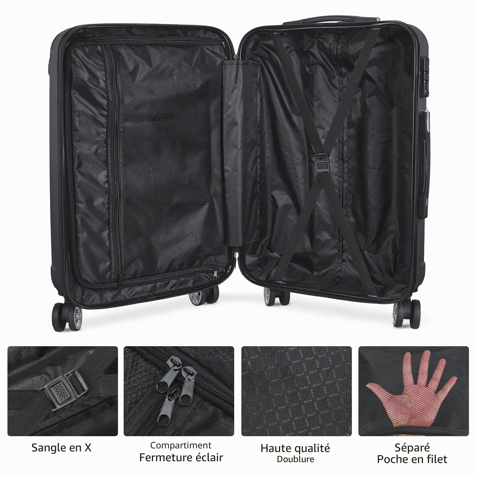 BRILVERDE Lot de 3 valises avec 4 roulettes et Serrure à Combinaison, Valise Rigide en ABS, Valise à roulettes, Valise de Voyage, poignée télescopique M-L-XL, Morden (Noir A)
