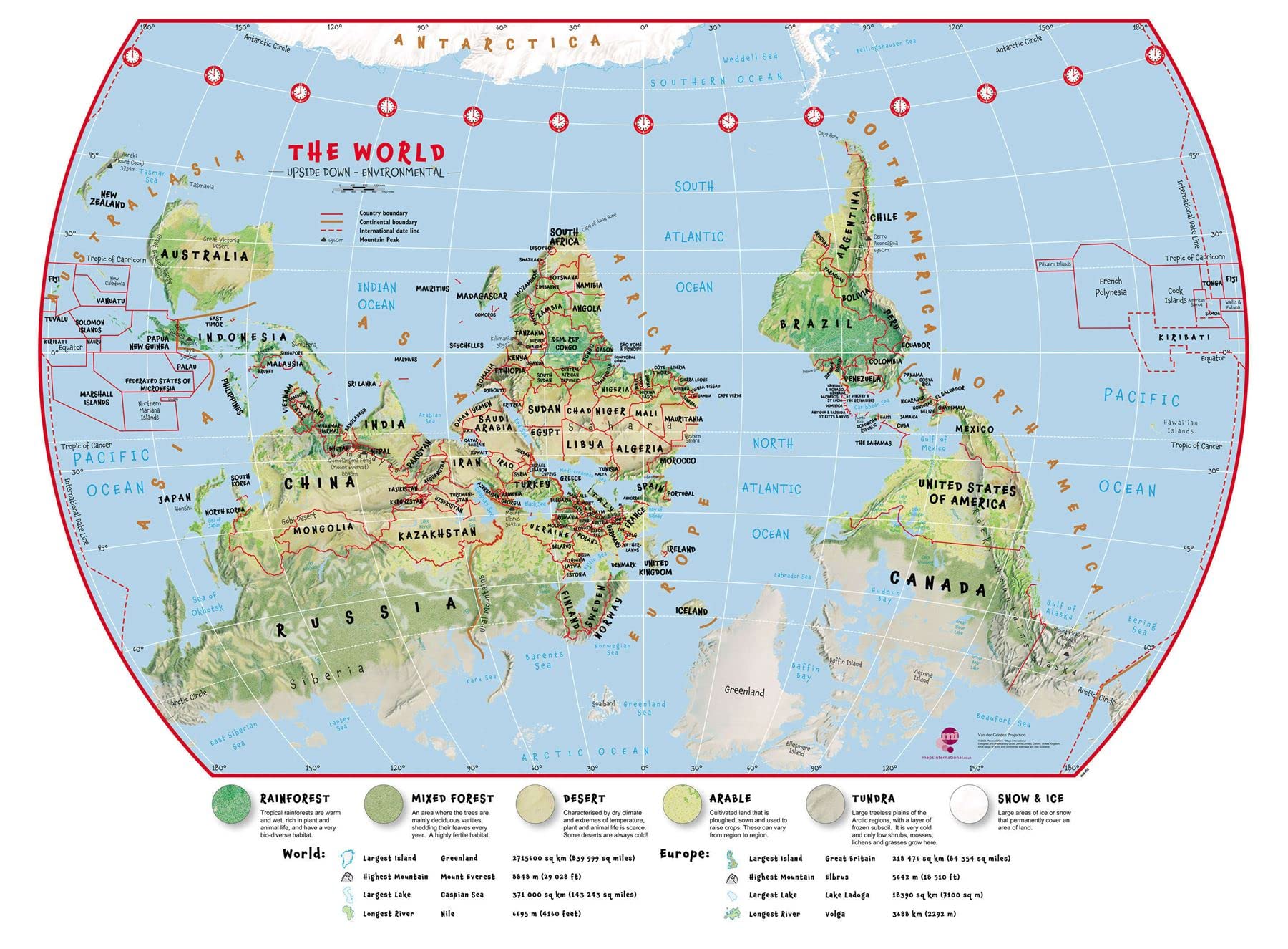 Large Primary Upside Down World Wall Map Environmental (Laminated)