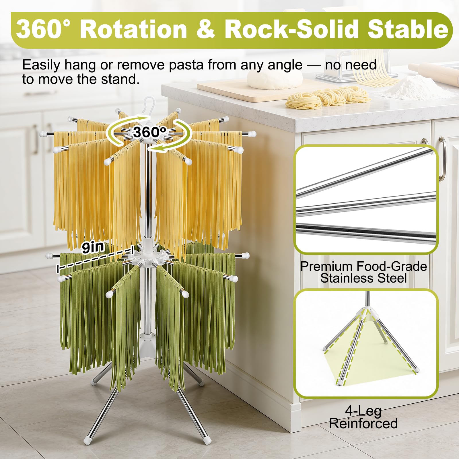 Estante plegable de secado de pasta, estante de doble capa para pasta con 20 brazos, estante de acero inoxidable hecho en casa, estante de secado de fideos para espaguetis frescos, fácil de