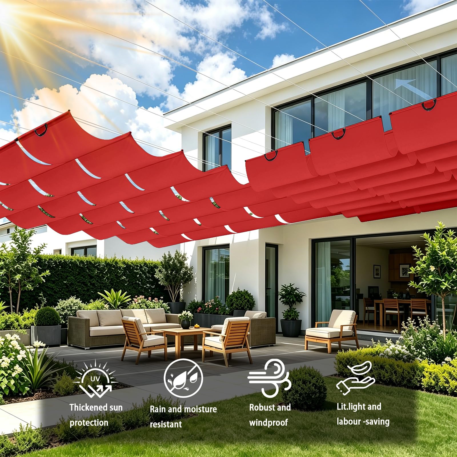 Einziehbares Sonnensegel 0.85 x 5 m Nach Maß, Sonnenschutz, Wasserdicht, 98% Uv-Schutz & Reißfest, Garten Verstellbar Schutz mit Ösen Und Kordel für Garten Terrasse, Rot