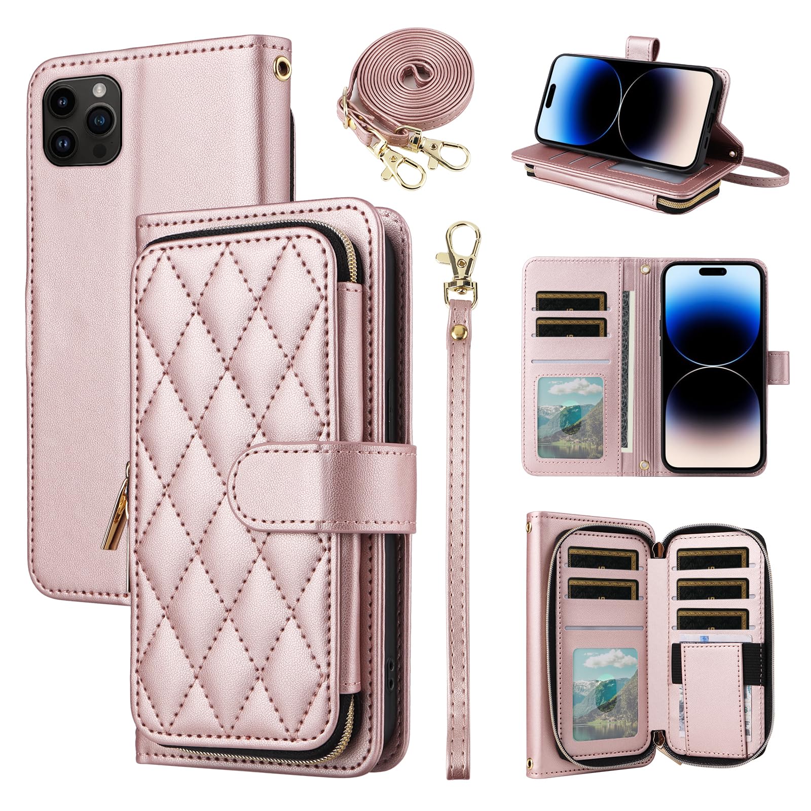 Furiet Argyle Wallet Case for iPhone 13 Pro Max 2021 6.7 inch with Wrist Strap Shoulder Strap 9+ Card Slots Phone Zipper Purse Cover for