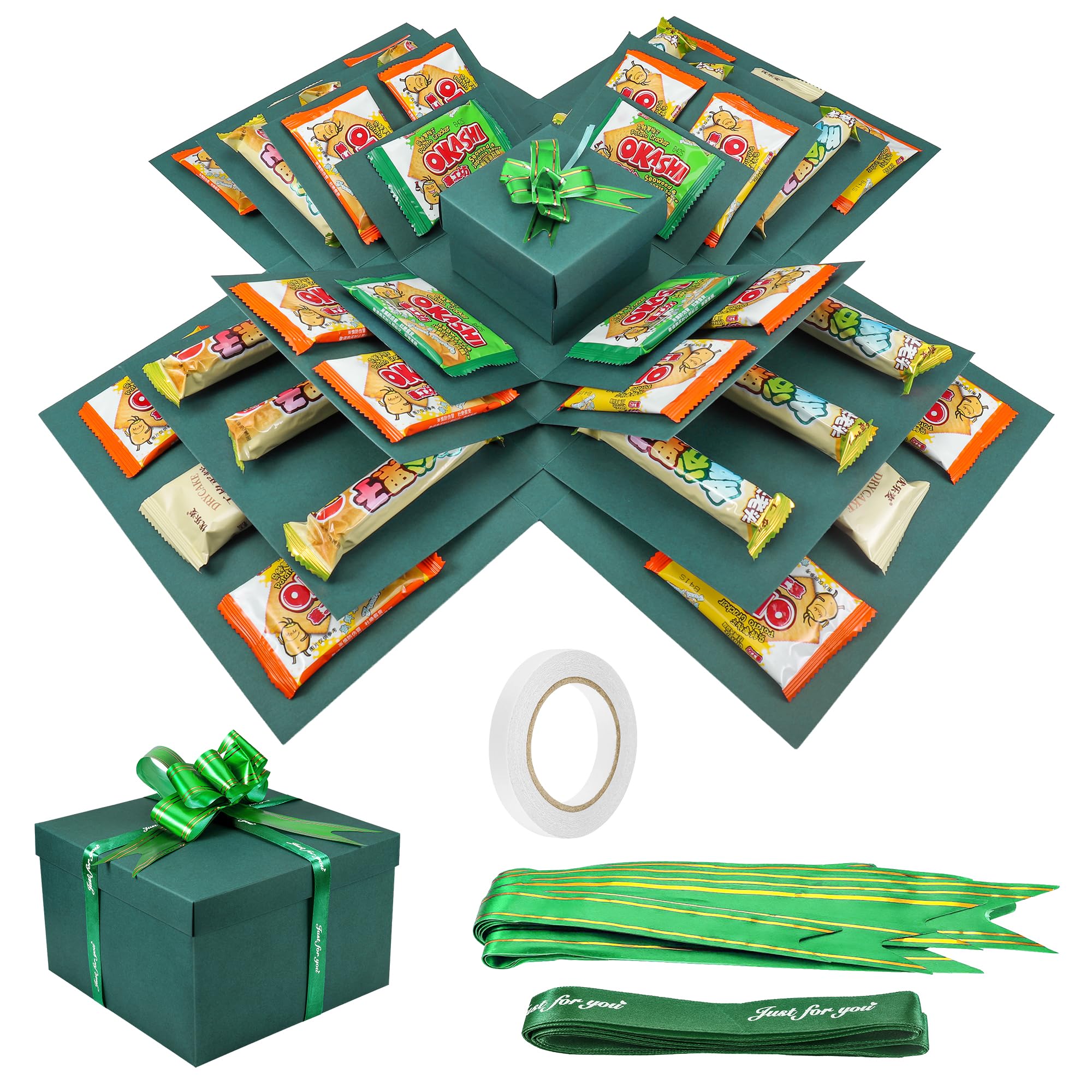 JIANTA 5 Layer Creative Explosion Gift Box, Snack Explosion Box with Ribbon and Double-Sided Tape, DIY Surprise Box for Birthdays, Valentine's Day, Wedding, Anniversaries (Green)