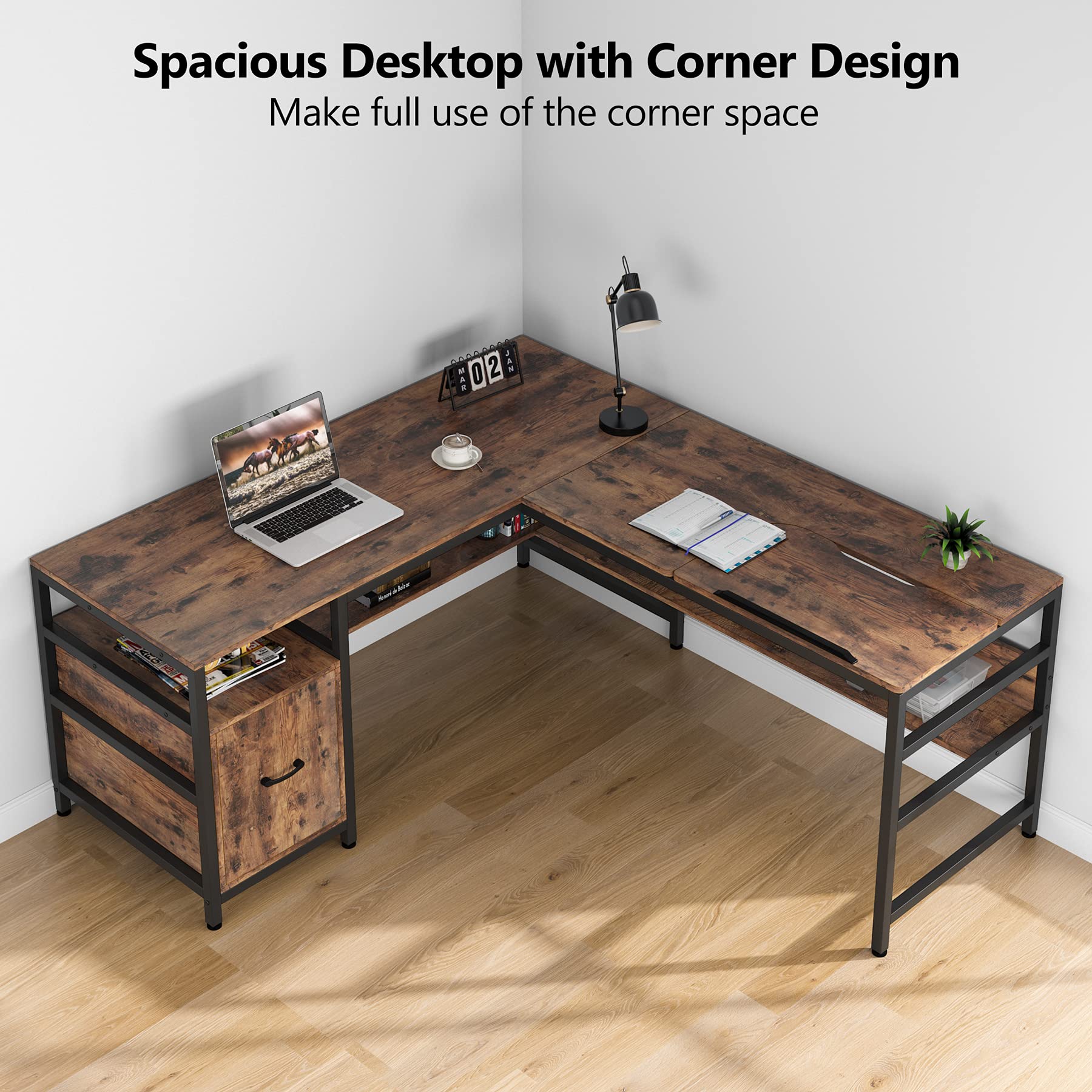 Buy Tribesigns LShaped Desk with File Drawer & Storage Shelves, 59