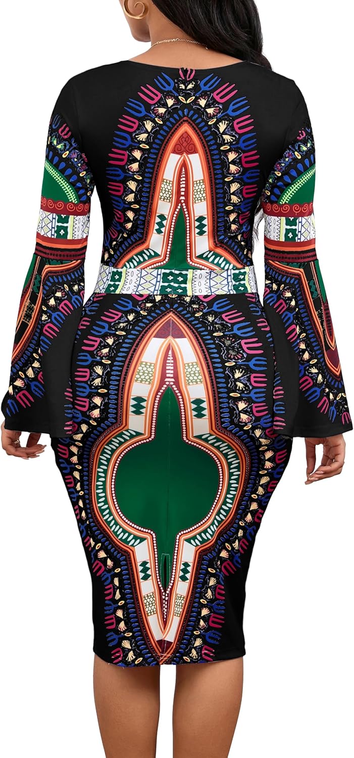 Women Sexy Dresses Bodycon Church 3/4 Sleeve African Print Pencil Party Office Dress Work with Split - Image 2