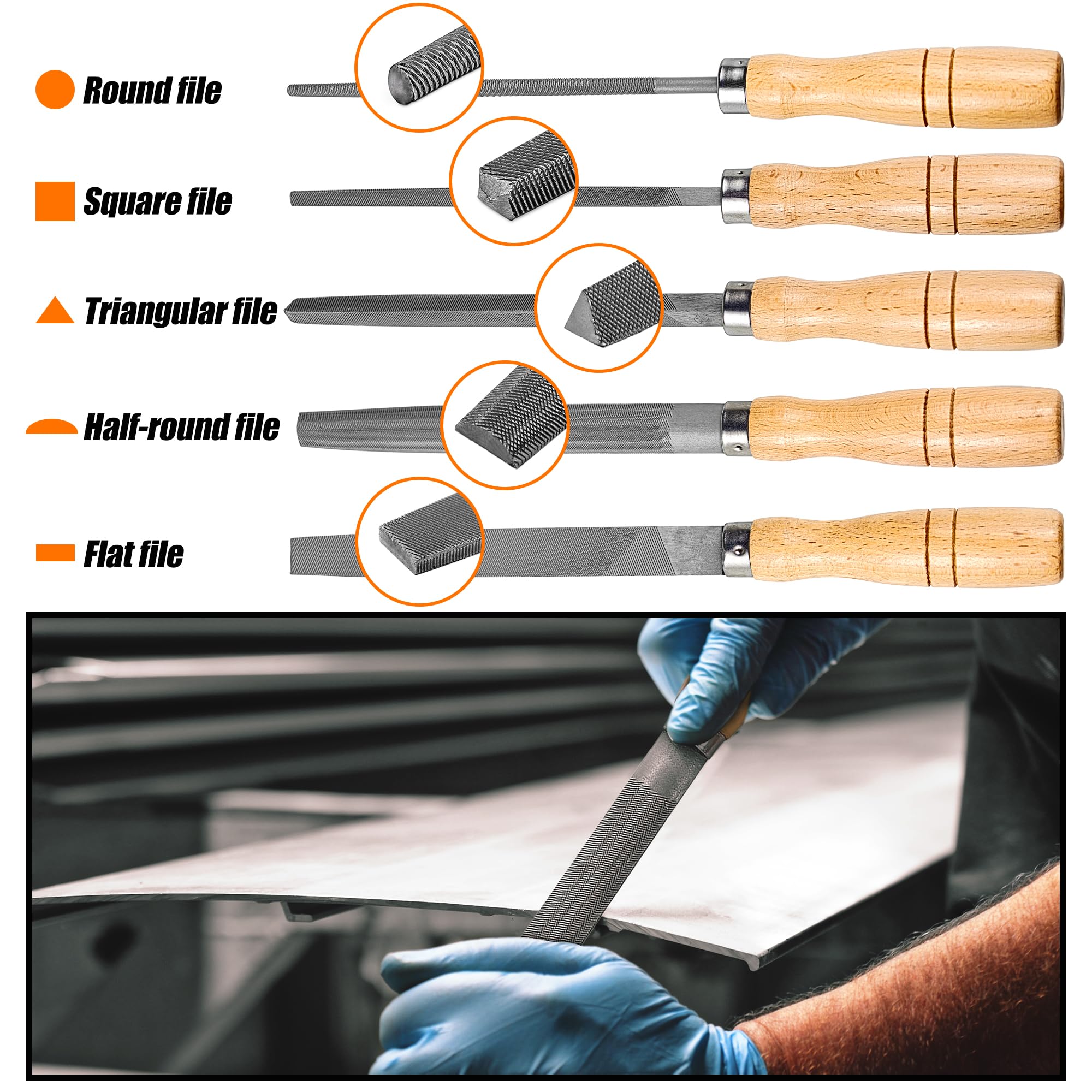 Hartstahl Feilen Set mit Holzgriffen Raspel Feile für Metall, Holz, Kunststoff, 5 Stück