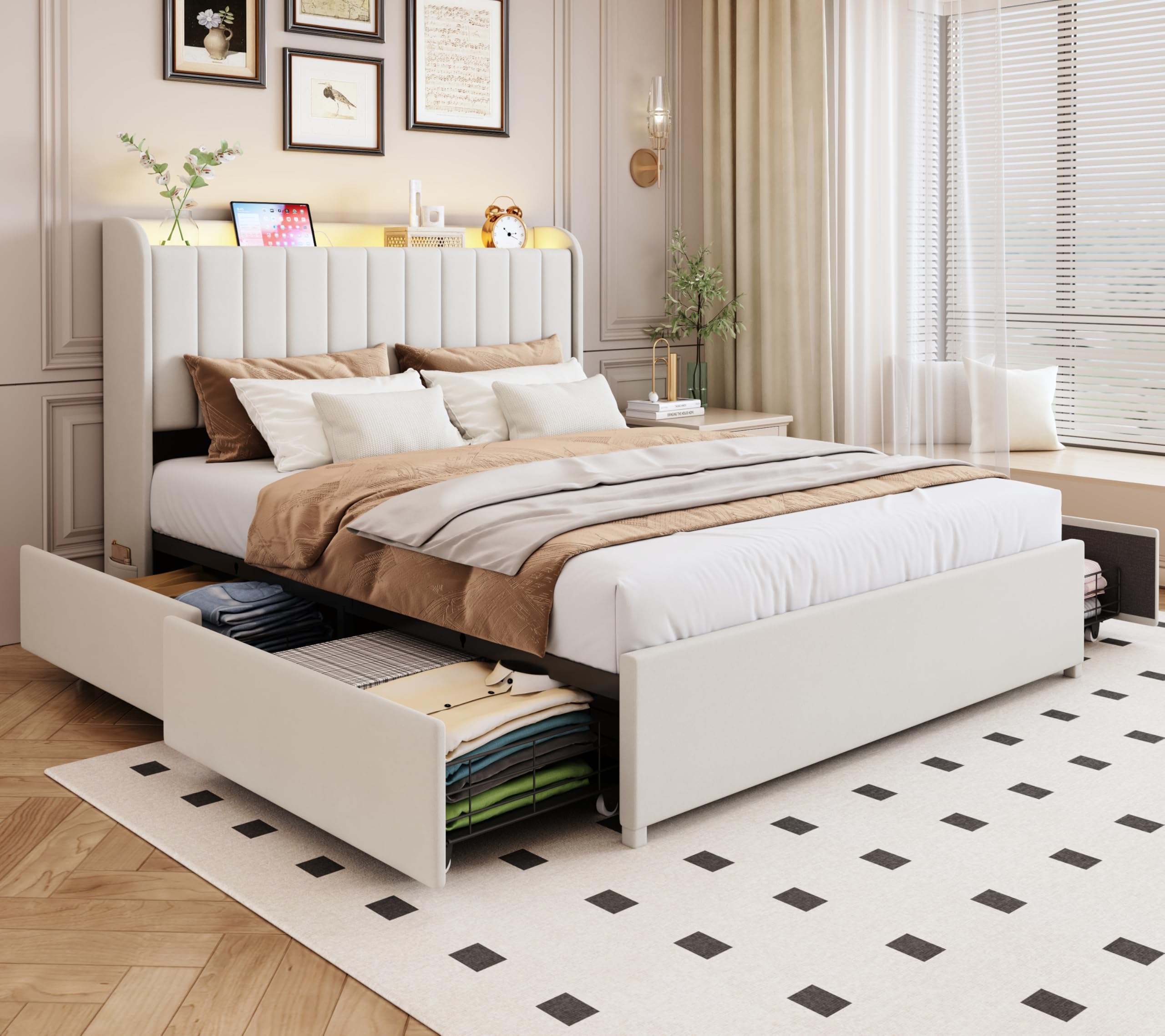 queen bed frame with 4 drawers and storage headboard, upholstered platform bed frame queen size with led lights and handy charging station, no box spring needed, easy assembly, noise free, beige (incomplete)