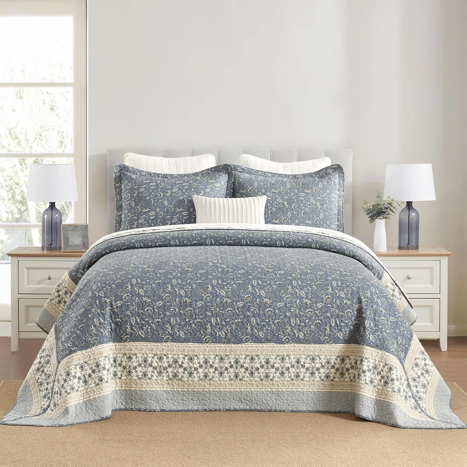 SahSahCasa 100% Cotton 128"x120" Oversized California King XL Bedspread Coverlet Quilt Set, Cal King Quilted Bedspread Extra Large Quilt, Bed Spread Lightweight Comforter, 3pc, Grayish Blue/Beige