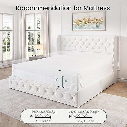 Miniatura 98 de LARMACE - Marco de cama tamaño King con 4 cajones de almacenamiento y cabecera tapizada con botones, cama de plataforma tapizada en lino con