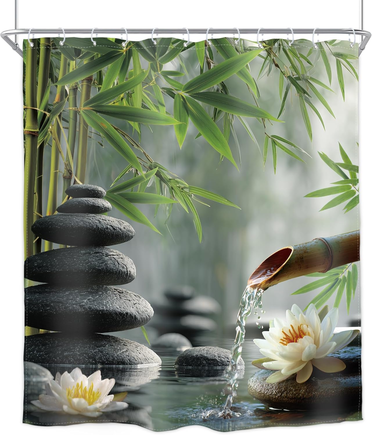 Homewelle Zen Stone Meditation Shower Curtain Green Bamboo Grove White Lotus Spa Meditation Inspirational Positive Spa Relaxing Candle 60Wx72H Inch Plant Waterproof Polyester Fabric Bathroom Bathtub