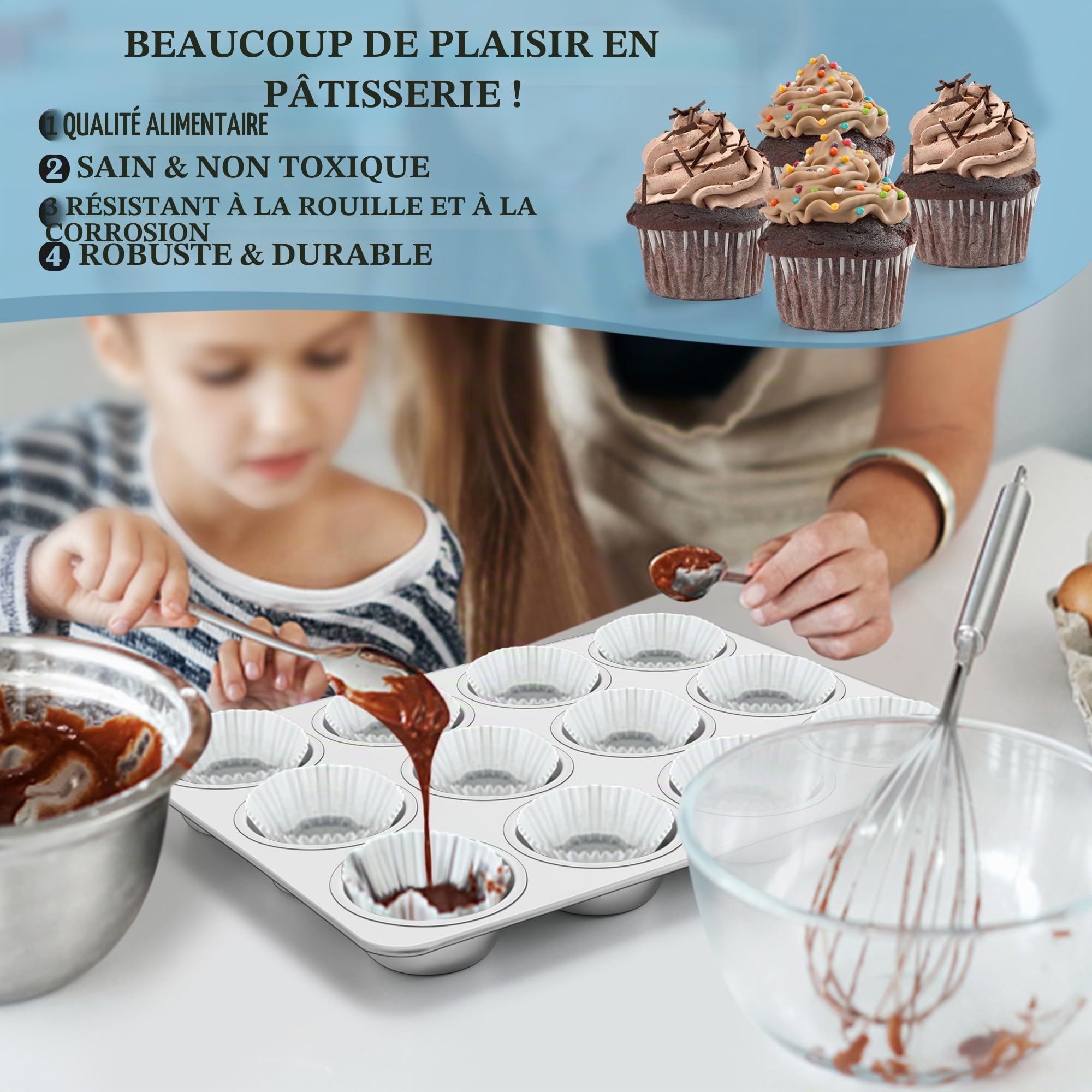 HaWare Moule à muffins en acier inoxydable pour 12 muffins, 35 x 26,5 cm, 3 cm de profondeur, grands moules à muffins pour cupcakes, brownies, gâteaux, pudding, non toxique et sain, passe au