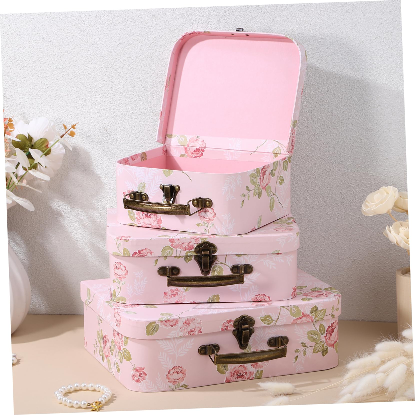 Set di 3 valigie in cartone con motivo floreale decorativo per bagagli, per la conservazione di foto del bambino, in miniatura, decorazione per valigie di carta