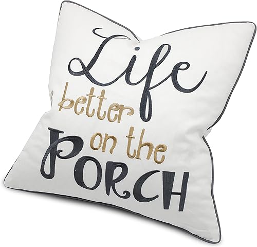 Miniatura 2 de YugTex Life is Better On The Porch - Funda de almohada cuadrada decorativa de algodón bordada, decoración para sofá, porche, nuevo hogar, 18 x 18
