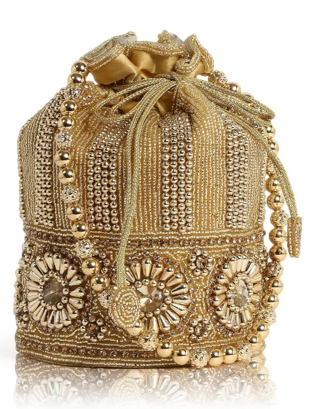 Elegant Gold Potli Handbag, Beaded Evening Purse with Crystal Flower Design, Traditional Wedding Potli.-image-24