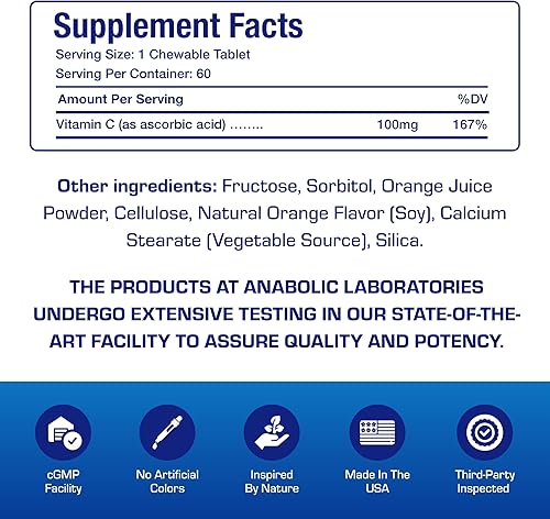 Miniatura 4 de Tabletas masticables de vitamina C para niños, 100 mg de vitamina C con sabor natural a naranja, 60 tabletas vegetarianas para apoyo antioxidante,