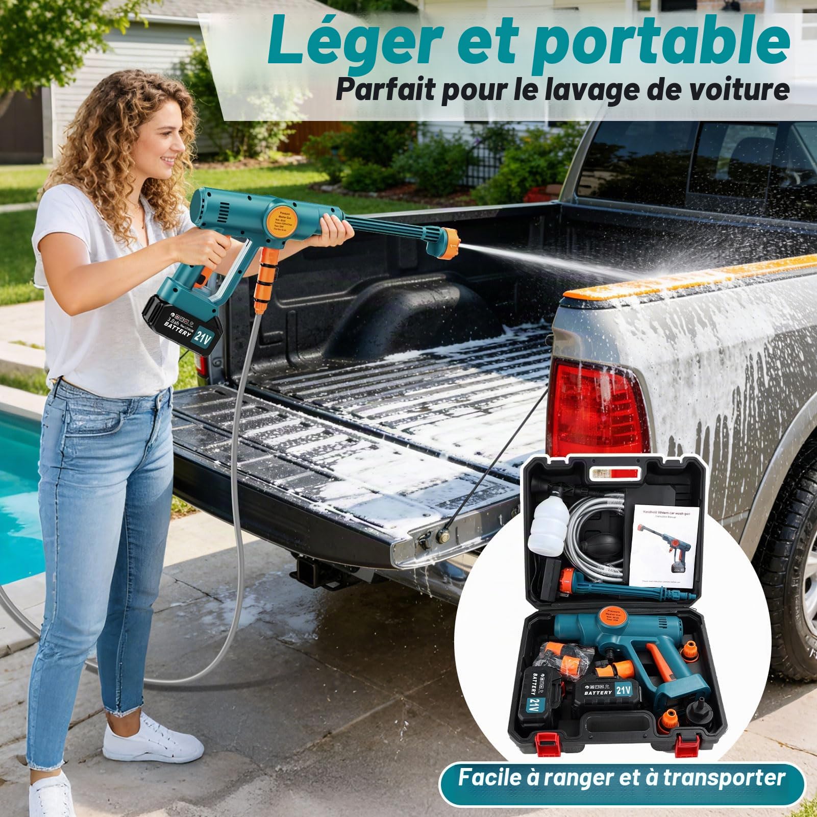 Nettoyeur Haute Pression sans Fil,Nettoyeur Haute Pression Portable avec 2 Batteries 3,0 Ah, Moteur sans Balais,Tuyau de 5 M,Buse 6 en 1 Nettoyeur Haute Pression pour Voiture, Jardin, Terrasse, Maison