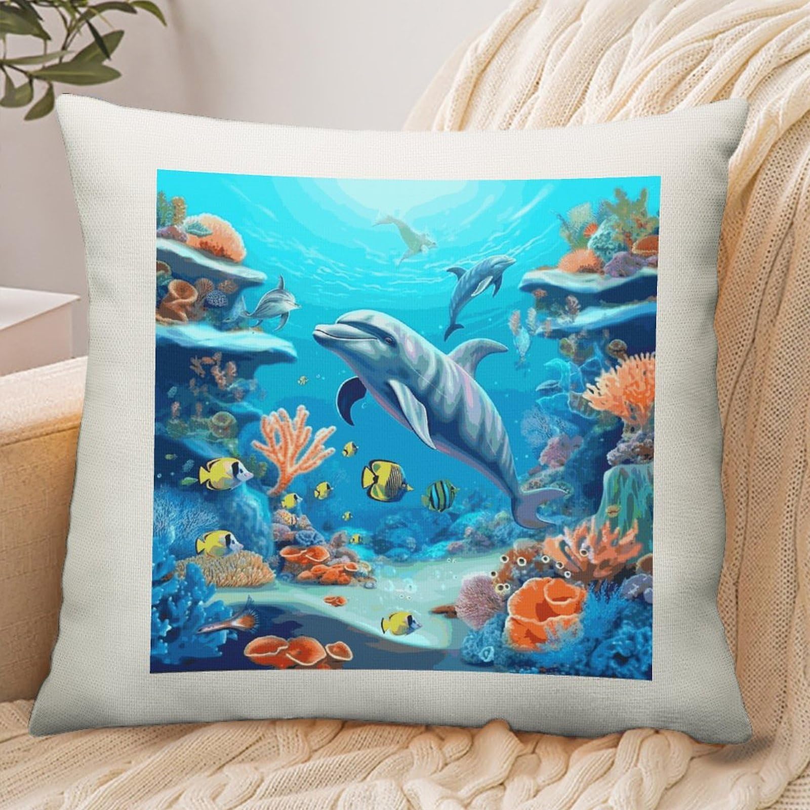 Adfgyerh Style Seabed Coral Fish Dolphins Pillow Cover Breathable,Pillowcases Boho Decorative Envelope Closure,Throw Pillow Covers For Beach,Patio,Balcony,Couch Living Room 16 * 16In