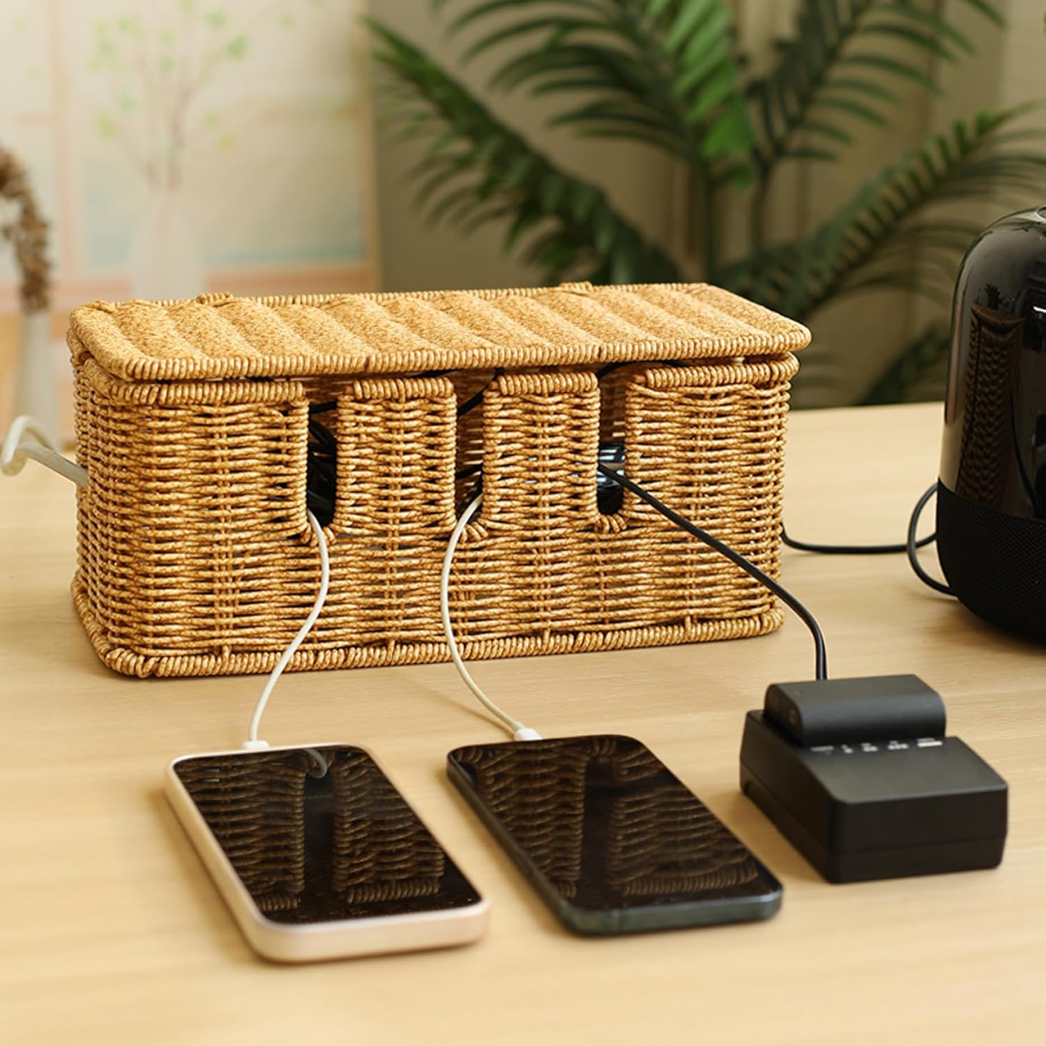 Cable Tidy Box, Rattan Woven Cable Management Box with Lid and 5 Dedicated Slots, 12x5.5x5 Under Desk Socket Organiser for Hiding TV Wires, Power Strips and Electrical Cords