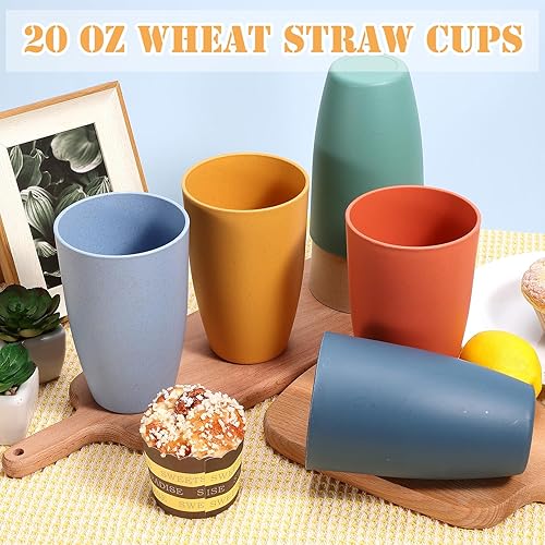 Miniatura 6 de Dyrfolm 6 vasos de paja de trigo, vasos irrompibles de 20 onzas, vasos de plástico reutilizables, aptos para lavavajillas, para el hogar, cocina,