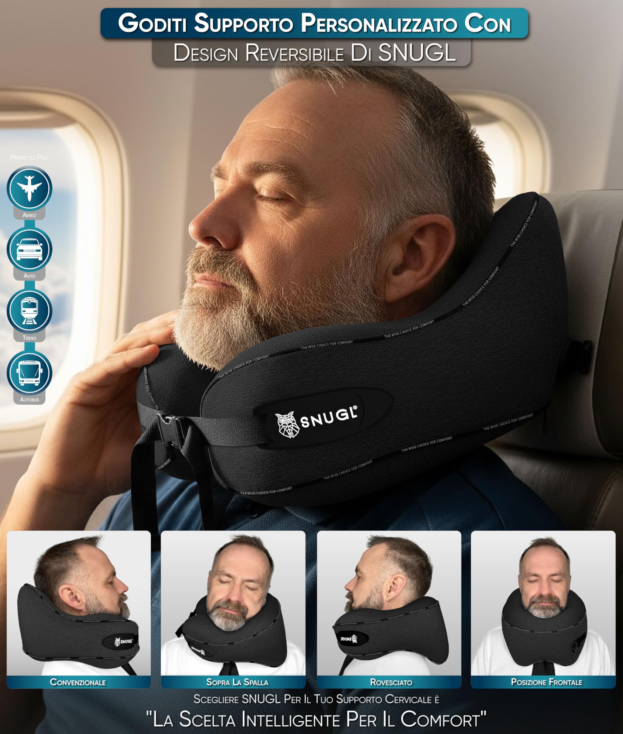 SNUGL Cuscino da Viaggio Ergonomico – Cuscino Aereo in Memory Foam – Cuscino Cervicale da Viaggio – Cuscino Cervicale per Dormire – Supporto Collo per Aereo, Auto, Treno | (Nero - Adulto Piccolo)