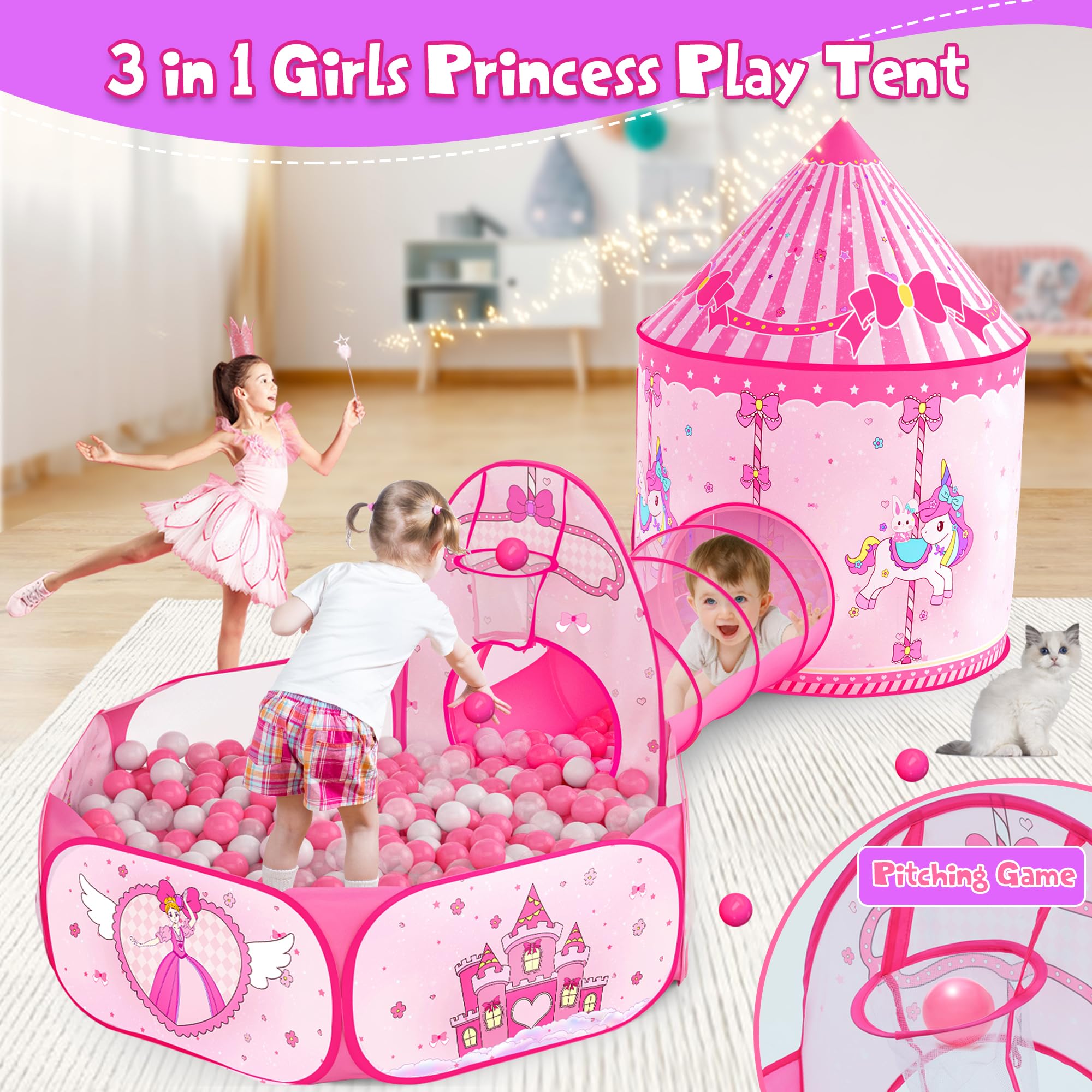 Tienda de campaña de princesa 3 en 1 para niños: casa de juegos desplegable para niños pequeños con túnel de gateo, piscina de pelotas y tienda de campaña de castillo, juguetes de tienda de campaña 7