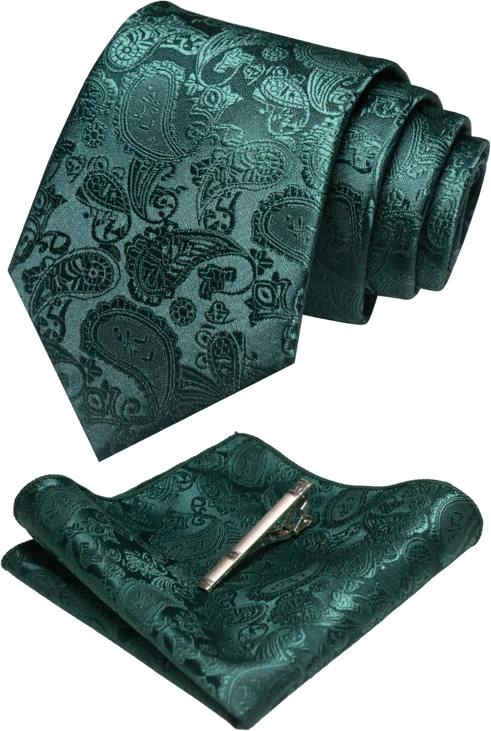 Mens Solid Color Paisley Necktie and Pocket Square with Tie Clip Sets