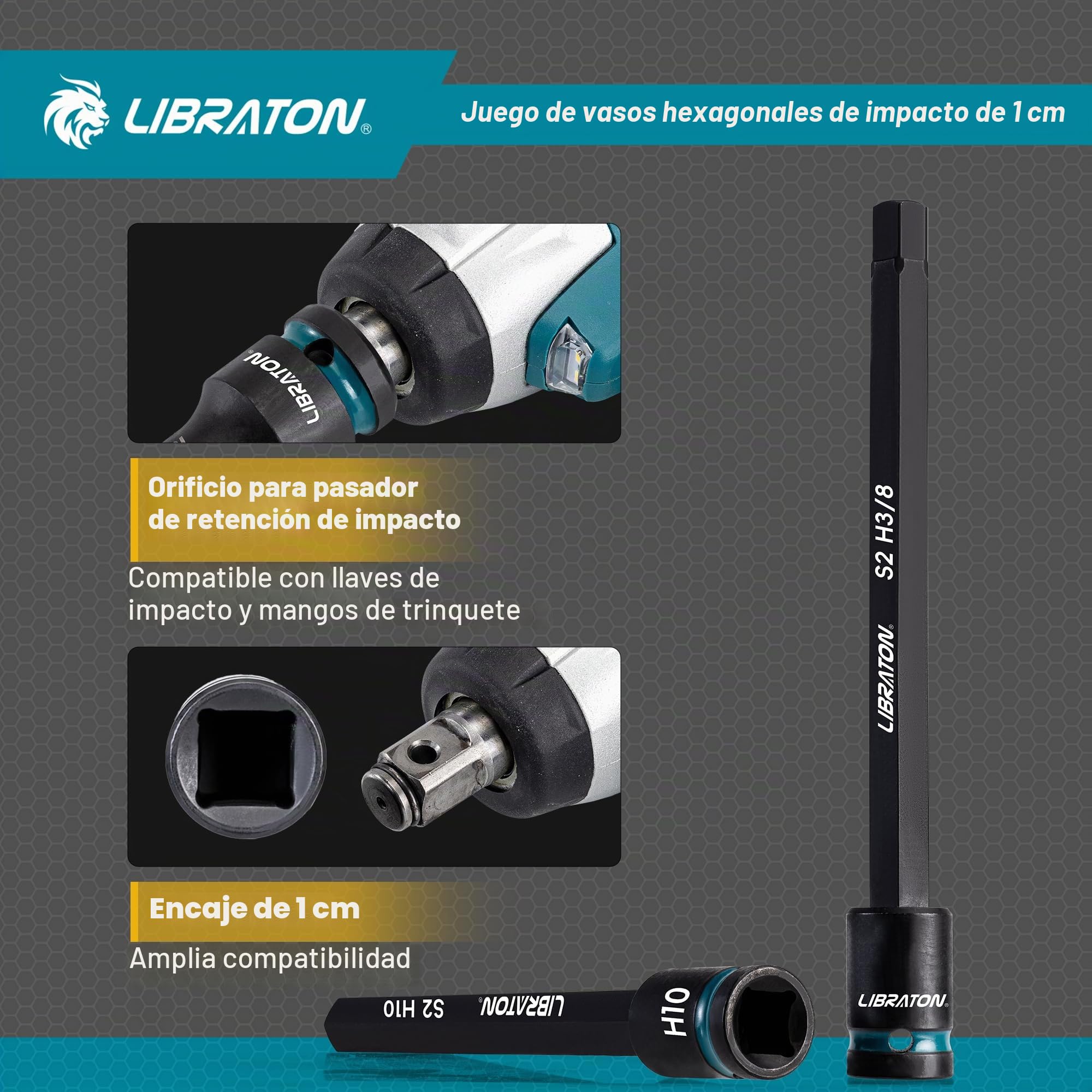 LIBRATON Juego de Vaso de Impacto con Puntas Hexagonal de 3/8", Acero S2, Juego de 20 Llaves de Vasos Allen de Impacto de Largas, Vasos de Impacto Allen Métrica y SAE, Llaves de Vaso Allen de 6", Caja