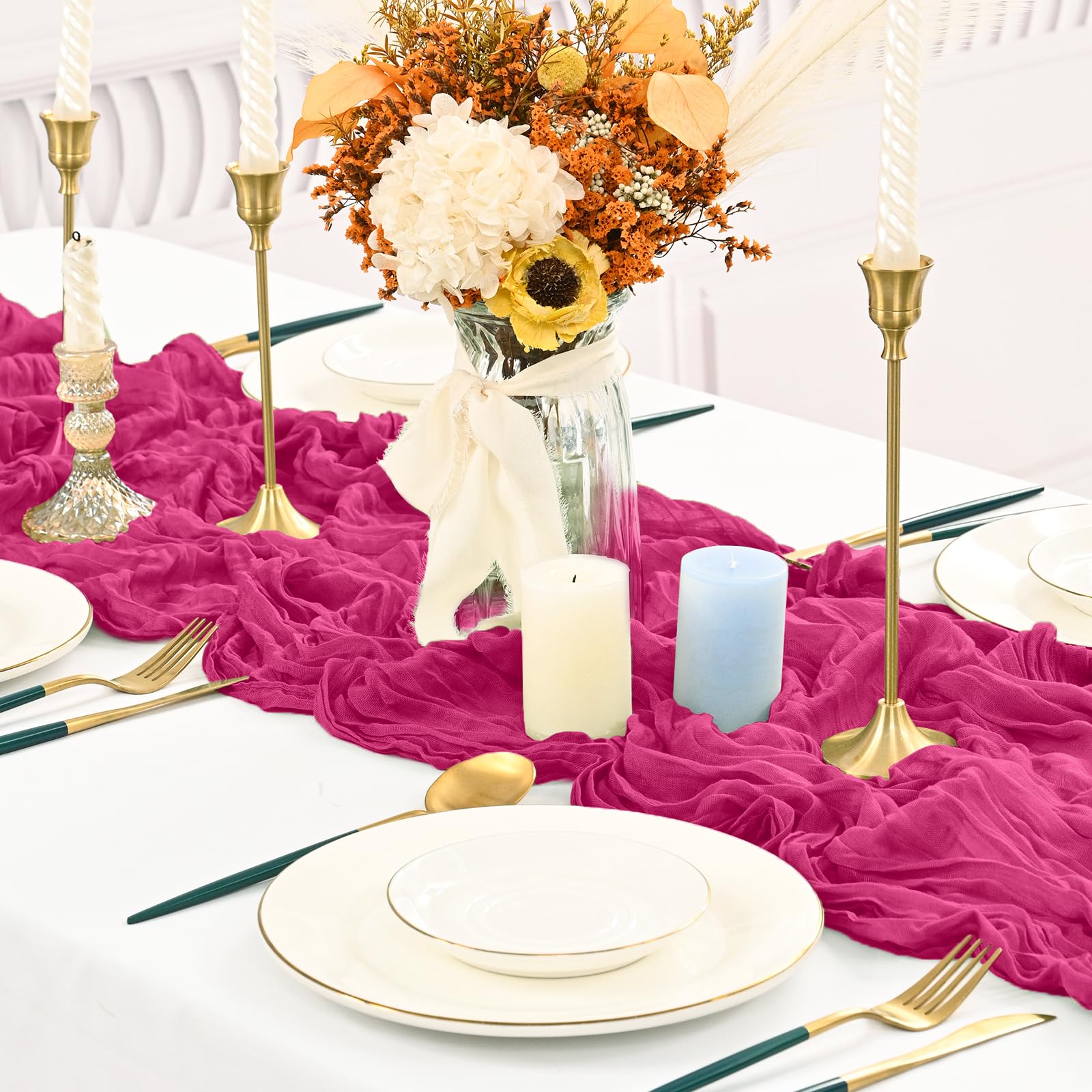 16 Pack Hot Pink Gauze Cheesecloth Table Runner ,10ft Long Gauze Boho Table Runners for Wedding,Bridal Shower,Party,Banquet Decoration-21.5 x 120 Inch - Image 2