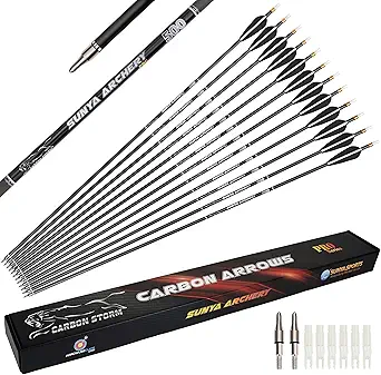 SUNYA Archery Hunting Arrows for Compound Bow and Recurve Bow. 30IN Carbon Shaft Spine 400/500 with Removable Tips. 12PCSPack