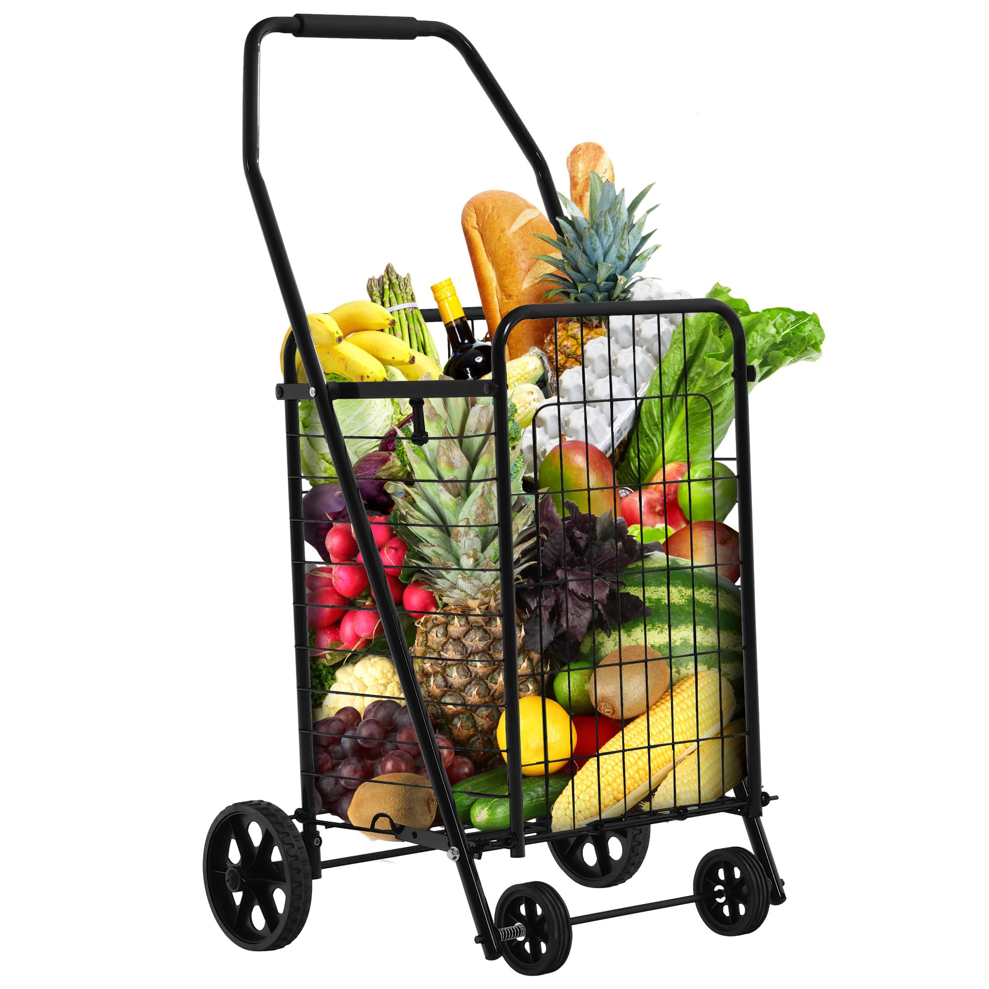 YITAHOME Folding Shopping Cart with Wheels, Rolling Foldable Grocery Cart for Seniors, Portable Collapsible Utility Cart for Shopping Groceries Laundry Storage Organizer