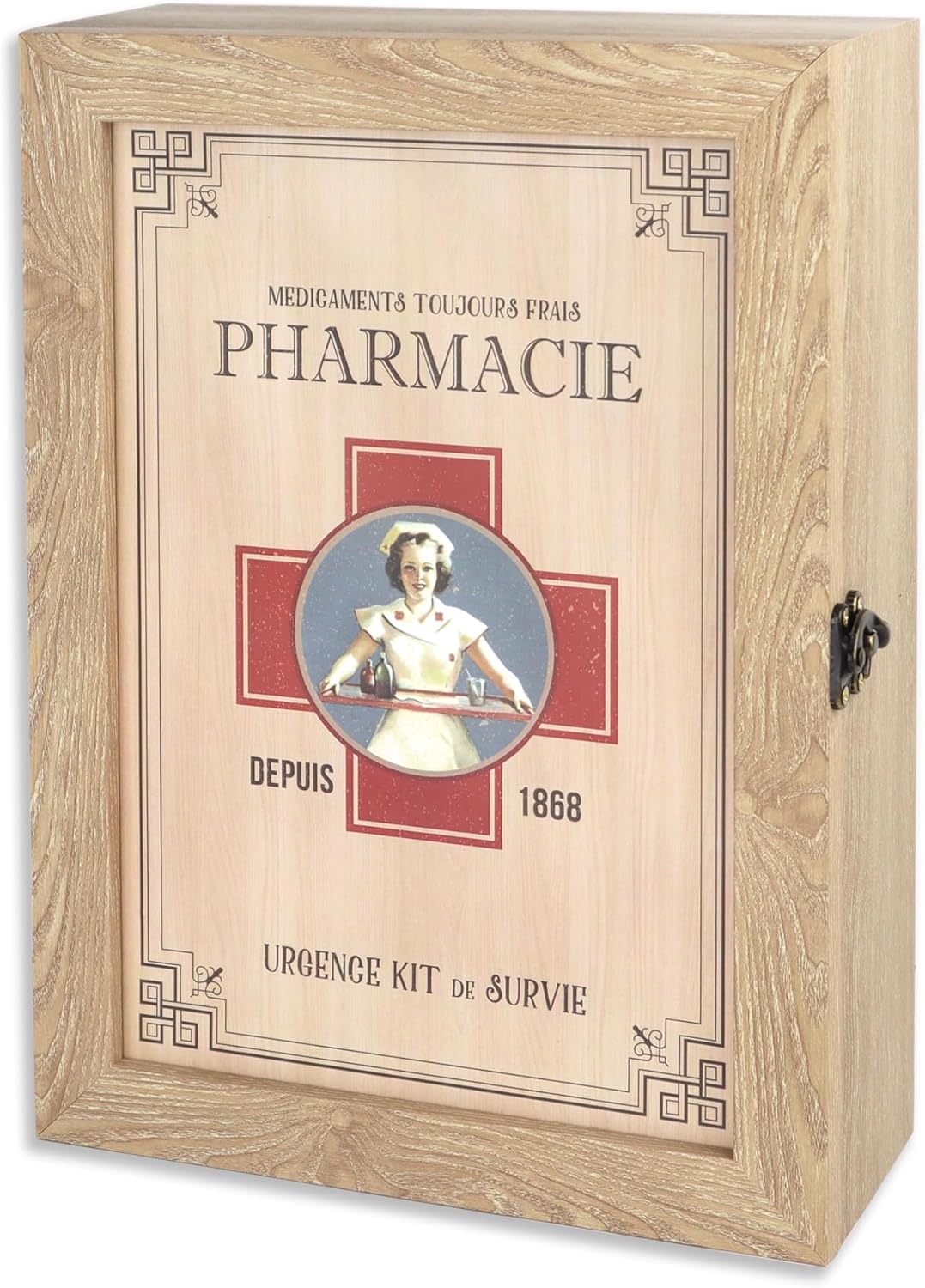 VELISTA Wooden Medicine Cabinet for Wall - Cute Small Rustic Storage for Medications - Decorative Farmhouse Box Organizer for Kitchen, Bathroom, or Living Room - Vintage French Style Box Pharmacie