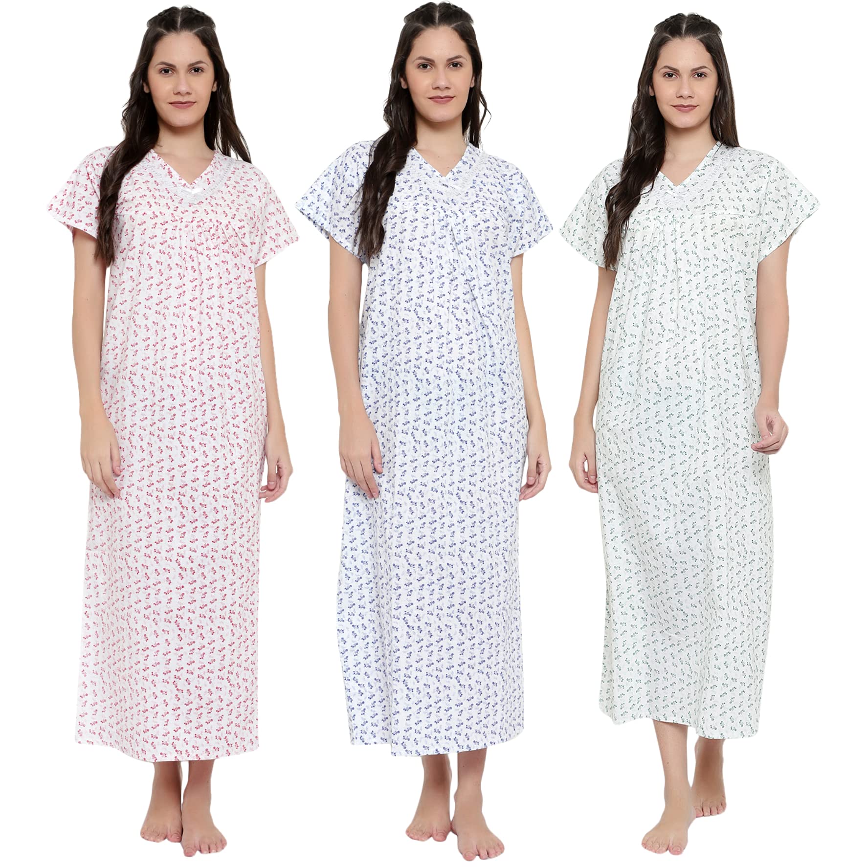 CIERGEWomen's Cotton V Lace Maxi Nighty (Free Size; Pack of 3) Multicolour