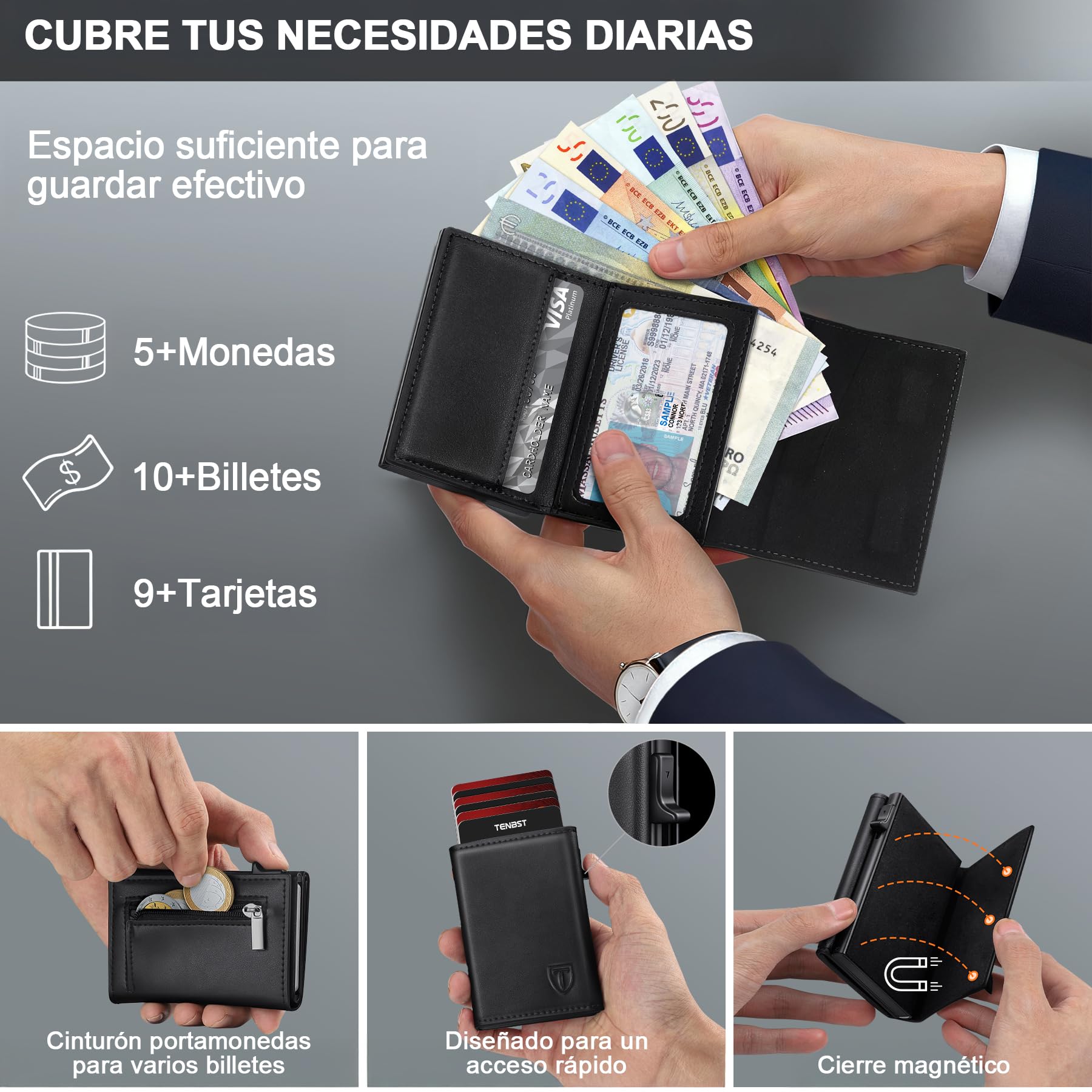 Cartera Hombre Cuero Tarjetero Bloqueo RFID Pequeño Crédito Billetes Monedas Caja Regalo
