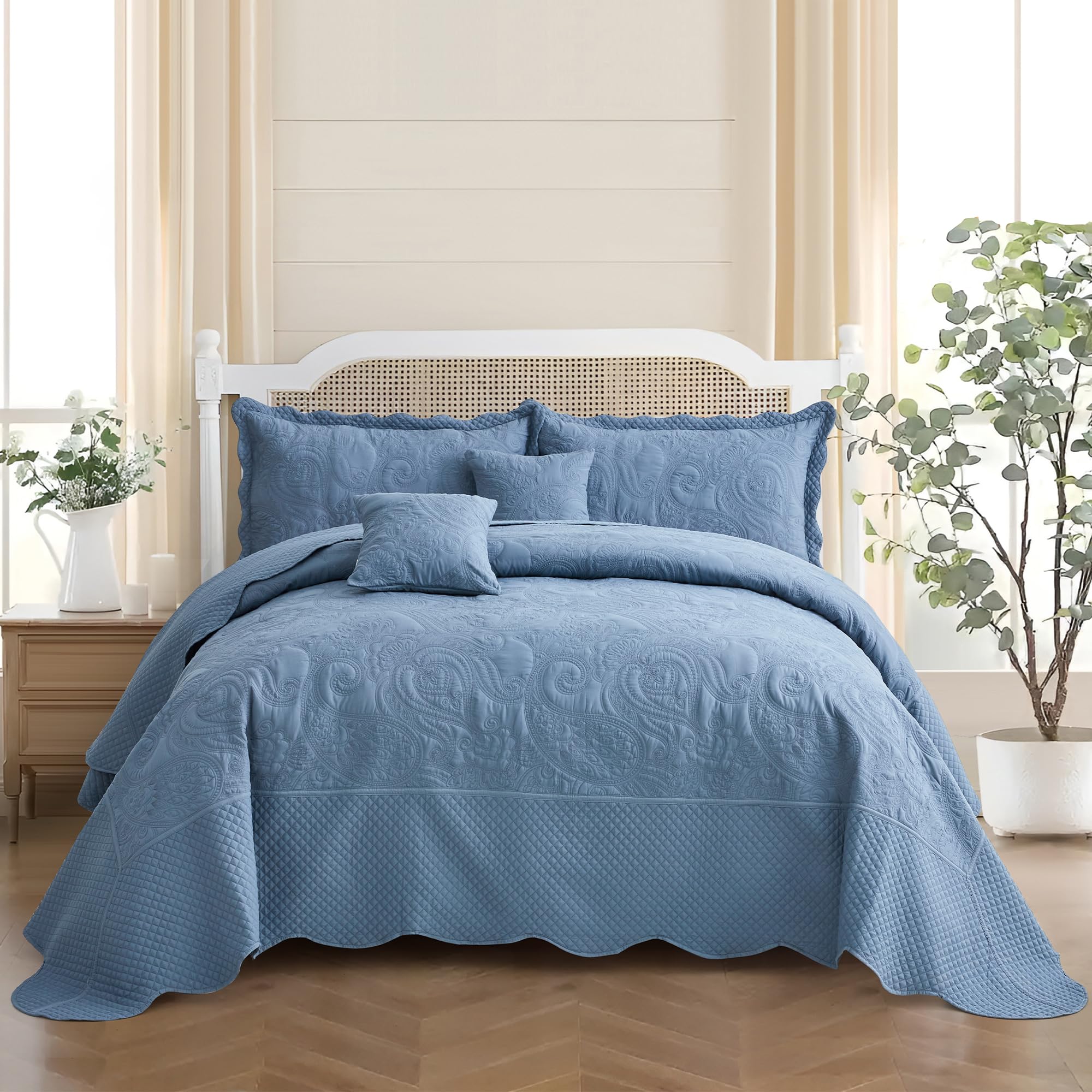 Oversized King Bedspreads 128x120, Stitched Paisley, Smokey Blue