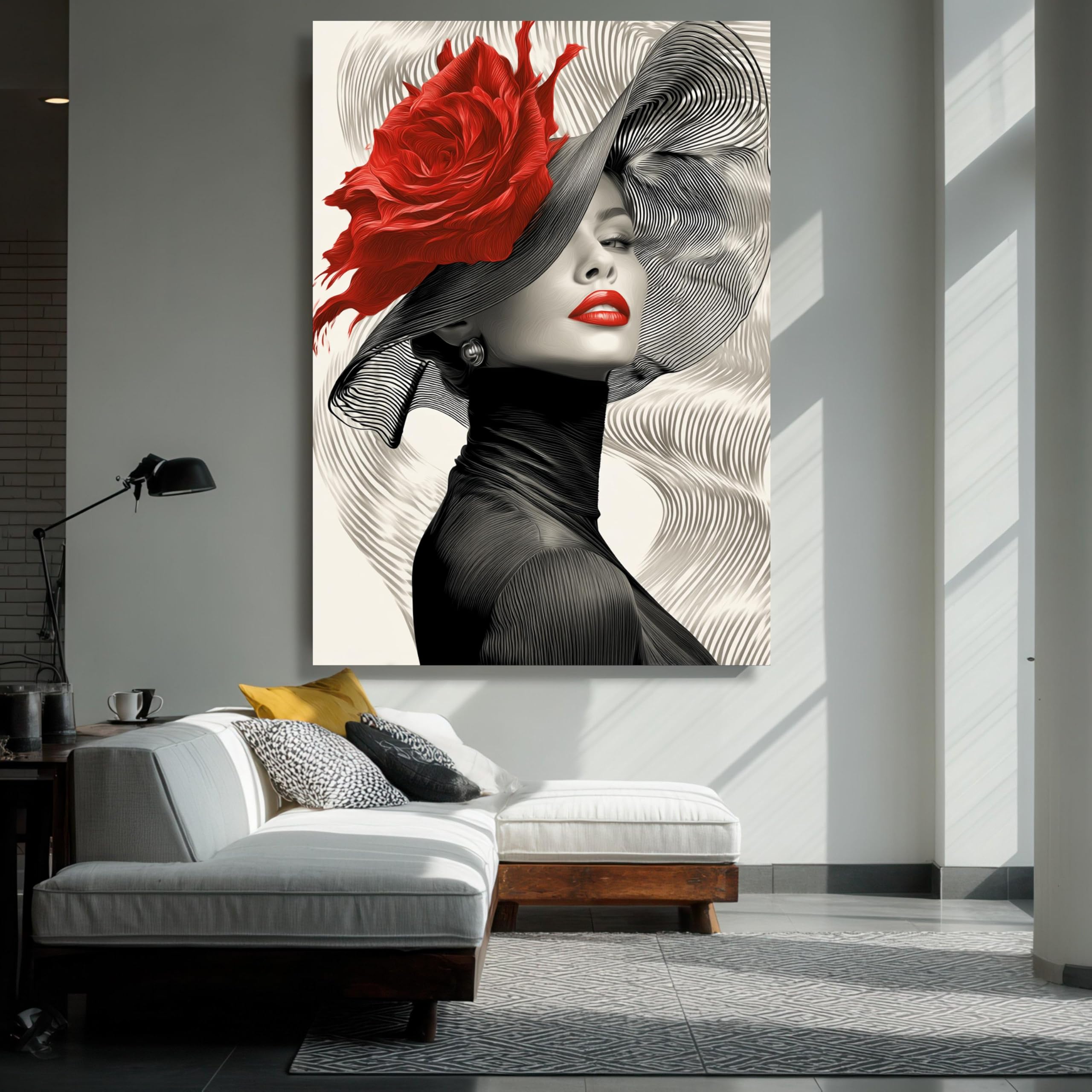 XINBAO Woman with Red Rose Hat, Portrait Painting Canvas, Black and White Artistic Canvas Wall Art, Home Decor Flower Pictures(60x80cm/Frameless)