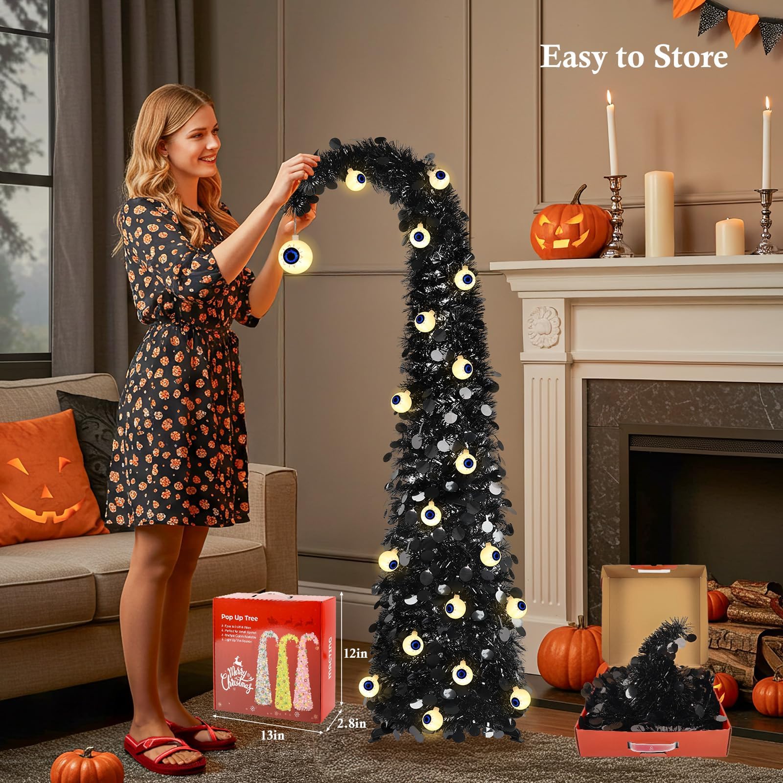 MACTING Albero di Natale stravagante con bulbo oculare, 1,5 m, nero, pop-up con 30 luci a bulbo oculare, albero curvo pieghevole per appartamento, portico, interno, esterno, decorazione natalizia