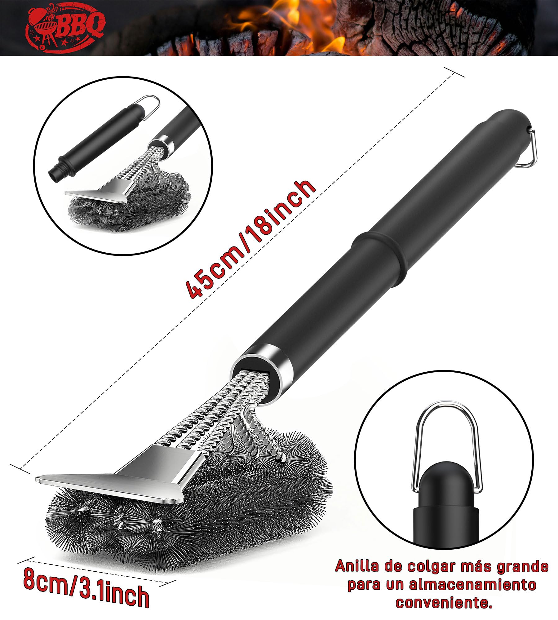 Cepillo de Barbacoa 3 en 1 con Cerdas de Alambre de Acero Inoxidable para Carbón Vegetal y Parrilla Eléctrica al Aire Libre - Jardín, Camping - Cepillo de Limpieza para BBQ