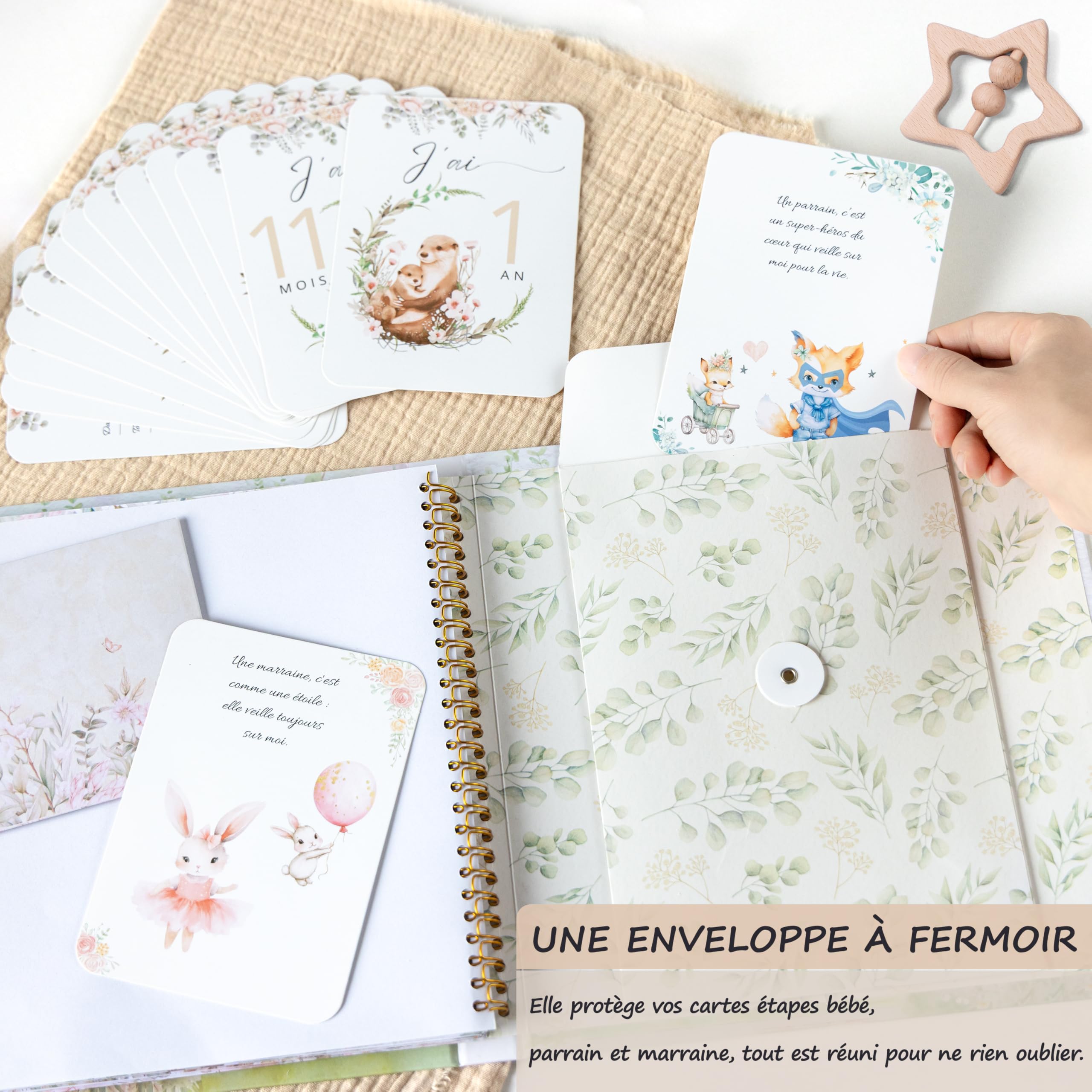 Libro de nacimiento para bebé (113 páginas, 13 cartas, mes al mes, bebé, 2 tarjetas, incluye el anuncio de padrina