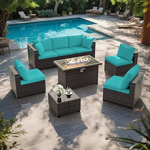 ALAULM 8 Pieces Outdoor Patio Furniture Set with Propane Fire Pit Table Outdoor Sectional Sofa Sets Patio Furniture 43" Gas Fire Pit Brown PE Rattan Patio Conversation Set w/6 Cushions (New Blue)