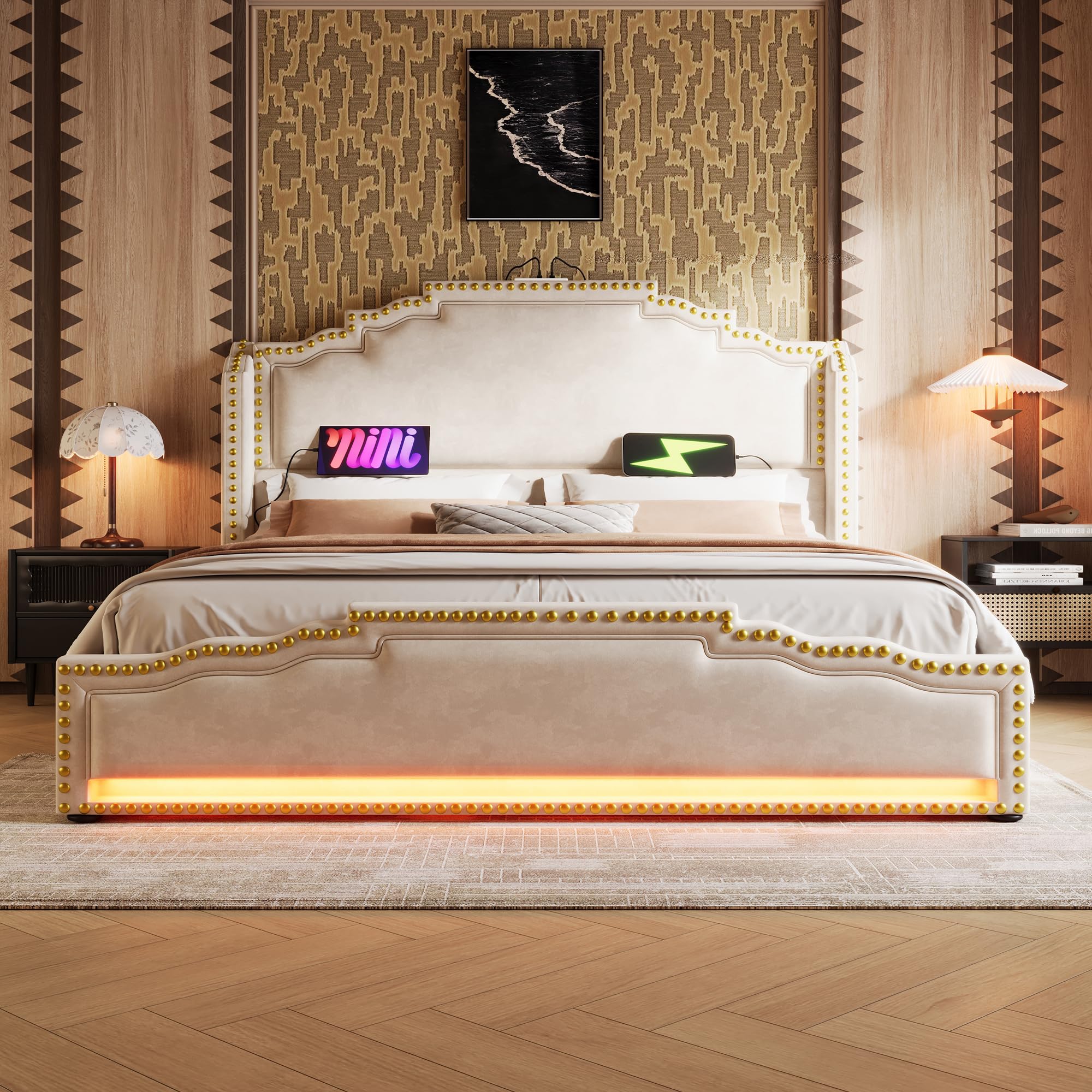 Letto Matrimoniale 180x200 con LED e USB, Letto una piazza e mezza con 4 cassetti, Letto Imbottito con rete a doghe e testiera, Struttura Letto Matrimoniale in Velluto Beige (Senza Materasso)
