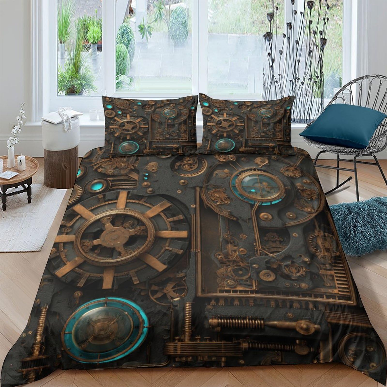 Ctjqhvkz Style-7 3D Printed Steampunk Gear Fitted Sheet Microfiber Brown Blue Mechanical Bed Cover For Bedroom Dorm Decoration Single（135X200cm）