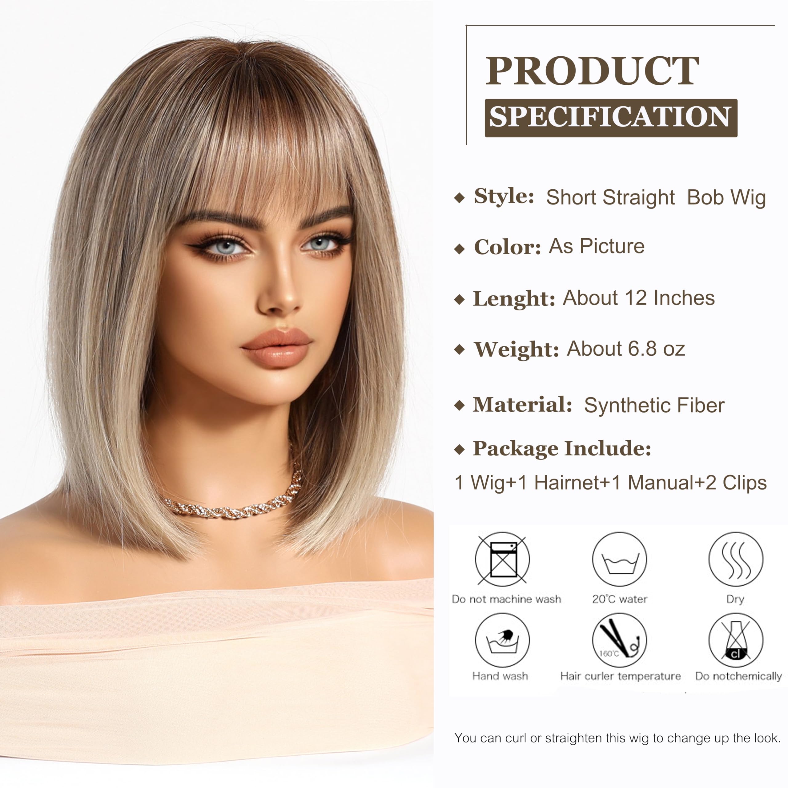 Esmee Short Straight Blonde Bob Wigs With Fringe Shoulder Length Wig Synthetic Ombre Wigs for Cosplay Daily & Party Use - Image 2