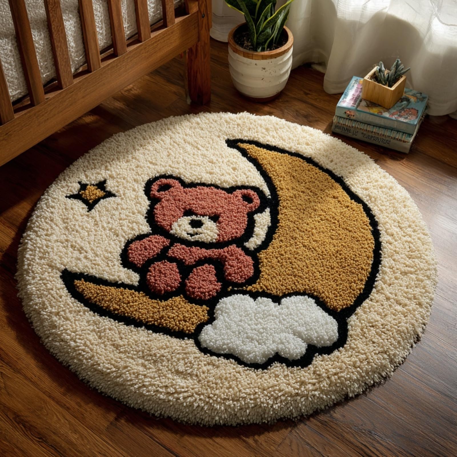 WallustrioaW Crochet Rug Making Kit for Adults,Bear on the Moon,DIY Needlework Crafts for Home Decor,Latch Hook Kits Gift for Beginners Kids,50x50cm