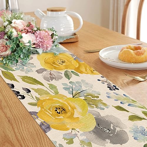 Miniatura 4 de Seliem Camino de mesa de flores florales amarillas de primavera decoración de mesa de cocina comedor arpillera de verano de temporada decoración del
