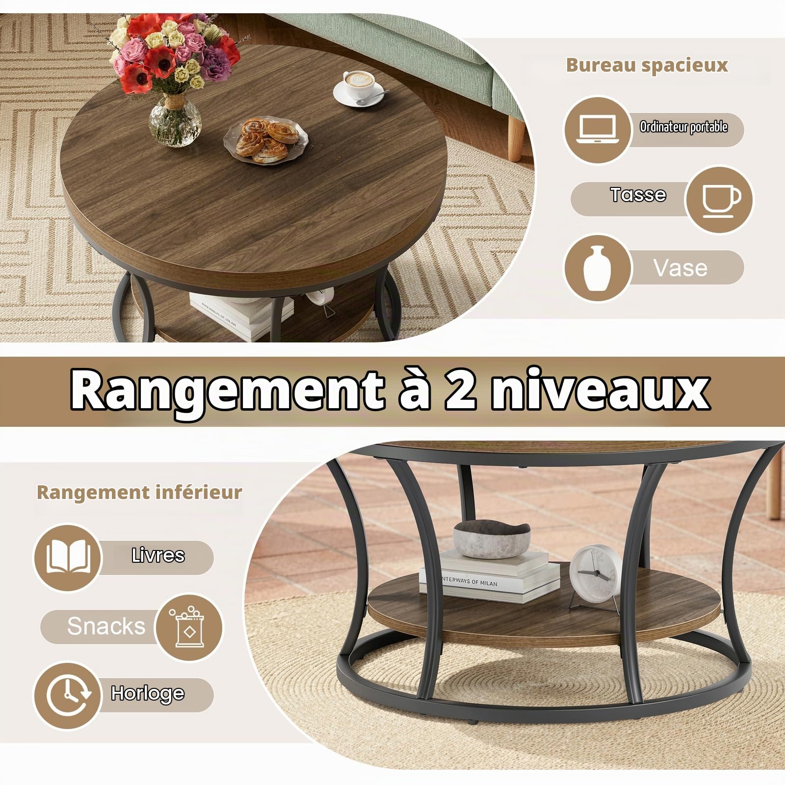 MSFE 2 Niveaux Table Basse Ronde, Table de Salon Bois avec Bureau de 6 cm d'épaisseur, Table d'appoint de Canapé Circulaire, Cadre métallique Robuste,pour Le Salon, la Maison, 80 * 80 * 45cm