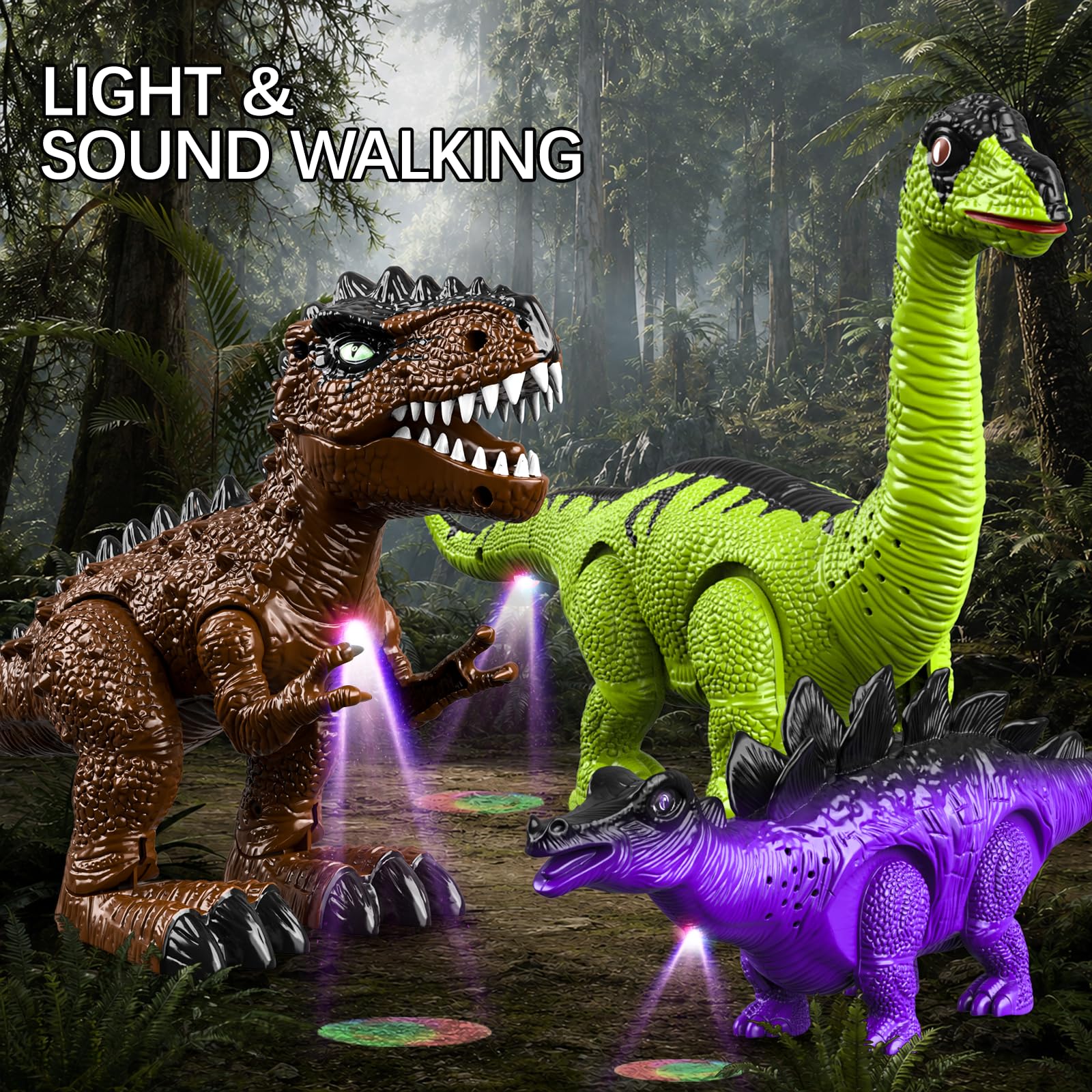 Pack de 3 dinosaurios andantes para niños de 3 a 7 años. Robots eléctricos de T-Rex, braquiosaurio y estegosaurio con luces y rugidos, regalo de Navidad y cumpleaños