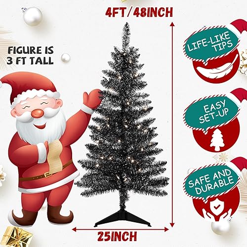 Miniatura 5 de Árbol de Navidad negro de Halloween de 4 pies, árbol de Navidad artificial con luces, 50 luces, mini árbol de mesa para el hogar, tiendas y
