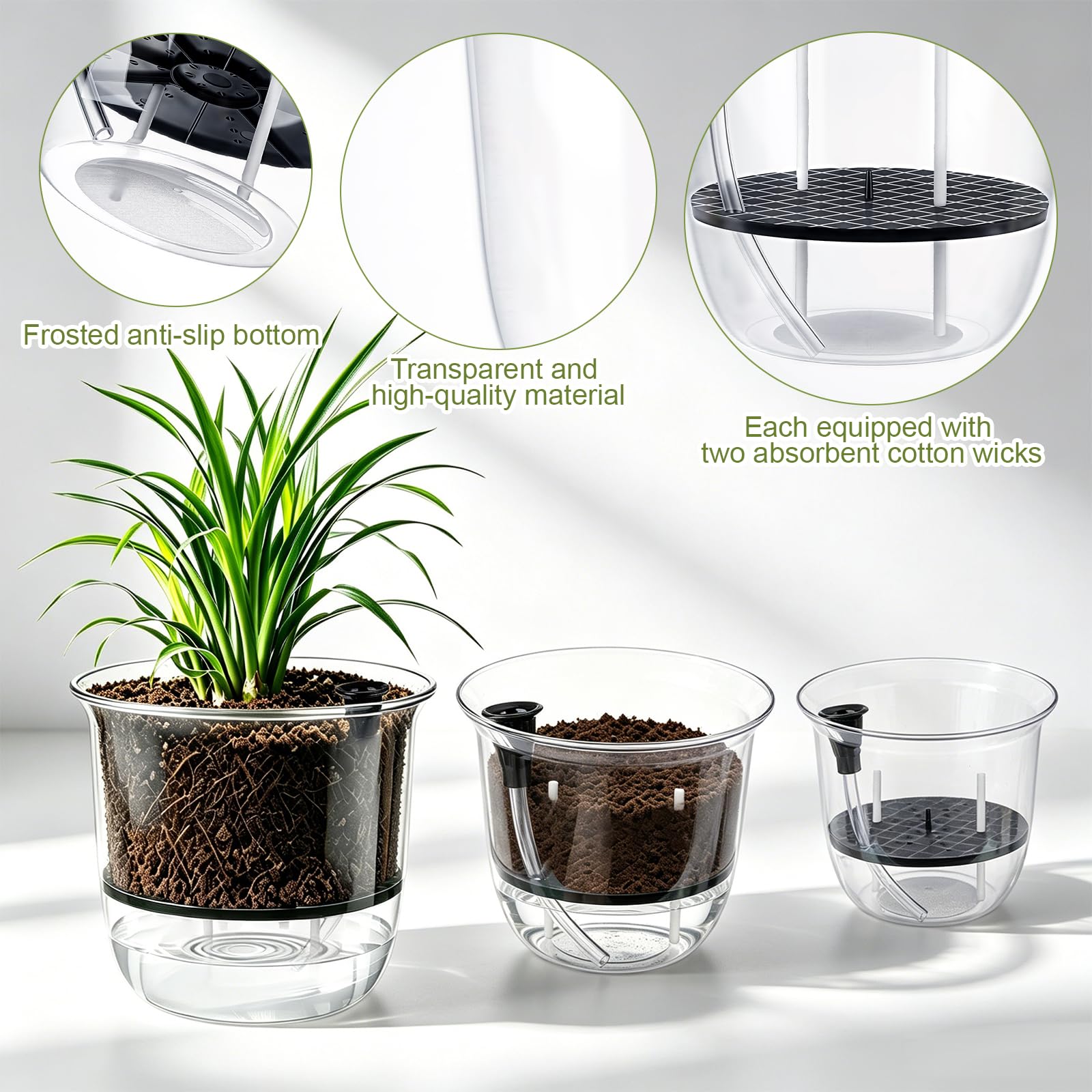 9 Lot de 3 Pots de Fleurs Transparents en Plastique à Arrosage Automatique Jardinières Modernes avec Système D'Arrosage Intégré pour Semis D'Intérieur Décoration de Maison Jardin Balcon